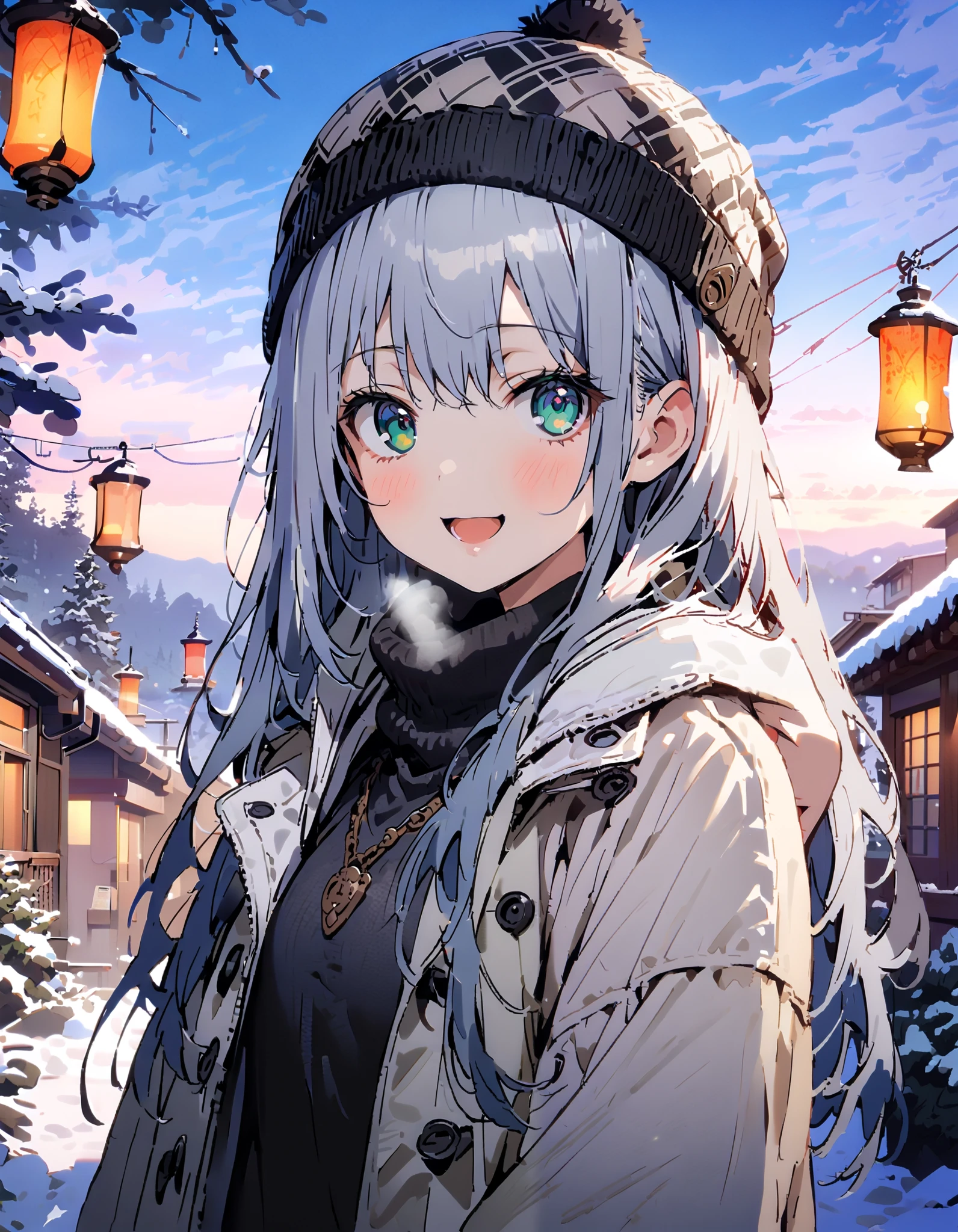 Prohibited bibliography, Green Eyes, Lantern, long hair,smile,blush, open your mouth, White Breath, White Down Coat ,White muffler, knitted hat ,grey gloves ,Black long skirt, boots,morning, standing,snow,whole bodyがイラストに入るように, break outdoors,forest,
break looking at viewer,whole body,
break ( Masterpiece:1.2), top quality , kampala,unity 8k wallpaper,(shape:0.8),( fine, beautiful eyes :1.6),It's a person ,whole body写真,CG Details , ( perfect hands, Complete Anatomy),