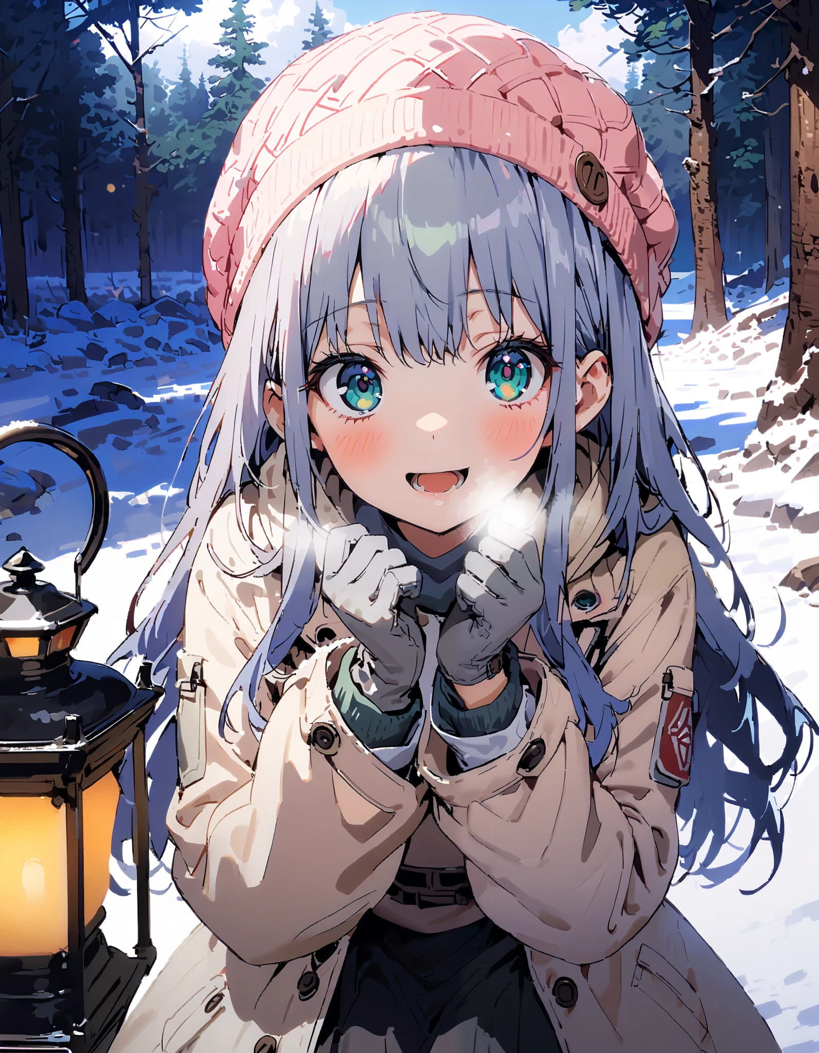 Prohibited bibliography, Green Eyes, Lantern, long hair,smile,blush, open your mouth, White Breath, White Down Coat ,White muffler, knitted hat ,grey gloves ,Black long skirt, boots,morning, standing,snow,whole bodyがイラストに入るように, break outdoors,forest,
break looking at viewer,whole body,
break ( Masterpiece:1.2), top quality , kampala,unity 8k wallpaper,(shape:0.8),( fine, beautiful eyes :1.6),It's a person ,whole body写真,CG Details , ( perfect hands, Complete Anatomy),