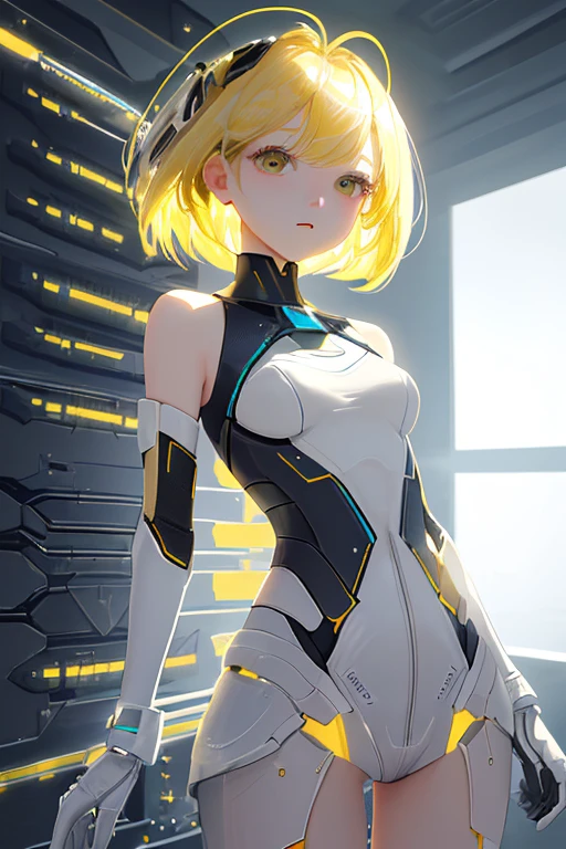 Best, Masterpiece, High Resolution, Best Quality, Ultra HD, Super Detail, Award-Awarded, 16k, Solo, (Upper Body), Anatomically Correct, Beautiful Maiden, Cute Face, Highlights, Gradient Beige Hair, Hair Strands, ((Heterochromia)), Long Eyelashes, Hanging Eye Corners, Fair Skin, (Small), (Slim Body), ((Cyberpunk Style Clothing)), Stud Earrings, (Neck Rings), Very, Very Short Gloves