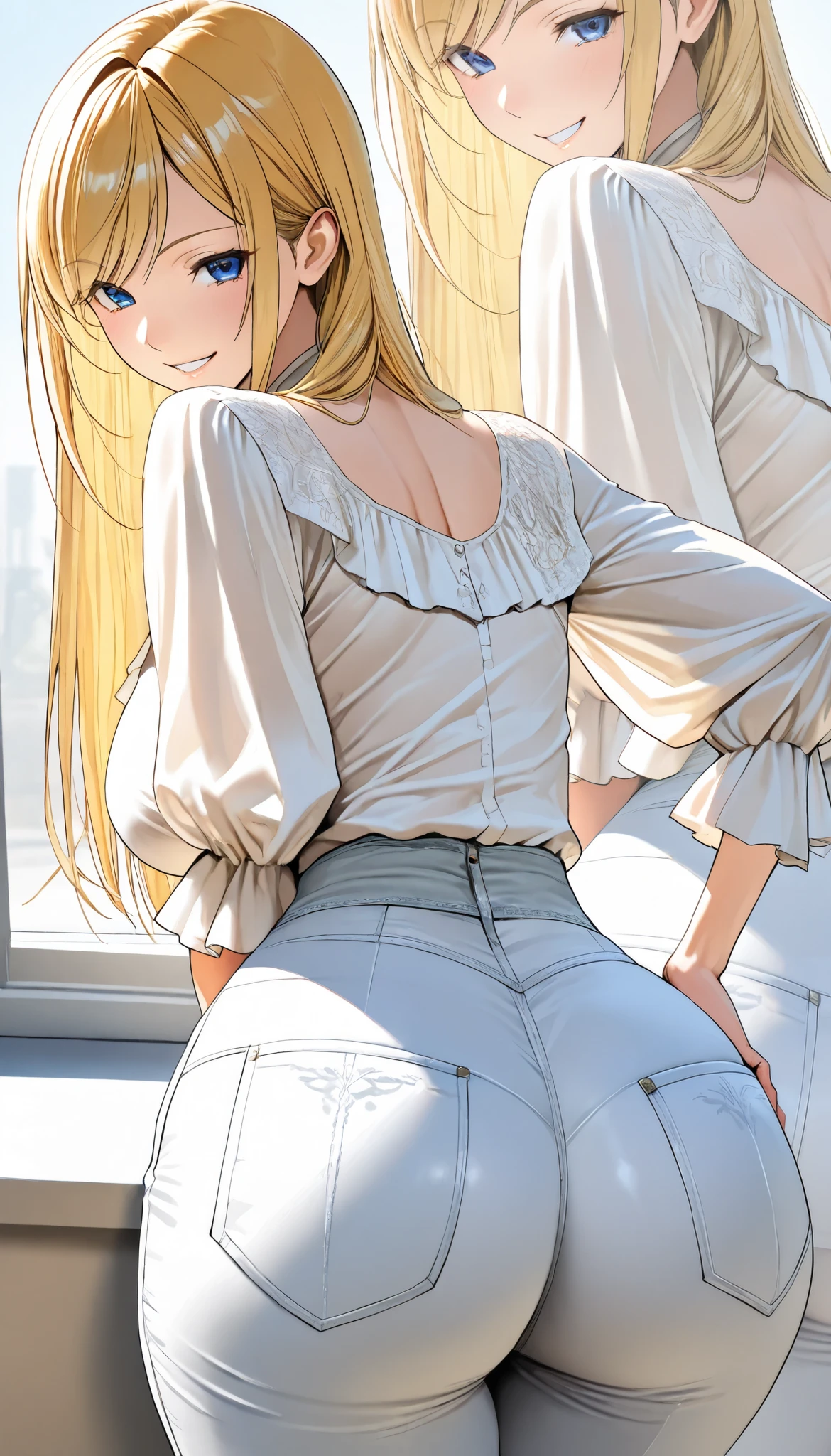 Super detailed、highest quality、Best image quality、masterpiece、8K、Anime Face、A kind smile、Open Mouth、Sparkling Blue Eyes、(Long blonde wavy hair:1.5)、Heavy bangs、Wearing a maid headband、(SFW huge body)、(((Rear view)))、Cowboy Shot、(Wearing a white thong:1.3)、Muscles of the whole body、Kneel、(Place your hands on your hips:1.2)、(Clenching both hands:1.1)