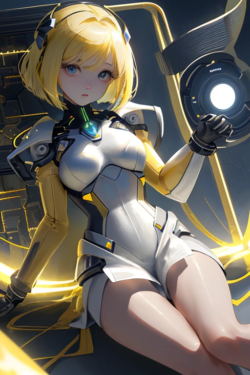 Smiling girl in a revealing see-through mechanical micro bikini in yellow and orange with shiny wet skin,Gal-like ponytail,Fully transparent glass texture micro bikini armor,水色ライトの透明なMechanical Armor,（Highest quality）,（8k）,Mechanical Armor,Show all,（Thinly visible genitals）,Accentuated breasts,Mechanical firearms equipment,Eyebrows rise,Bullish expression,Blonde,Don&#39;t blush,Laugh with your mouth closed,Standing on a white floor,White background,（Show the whole body）,View your viewers