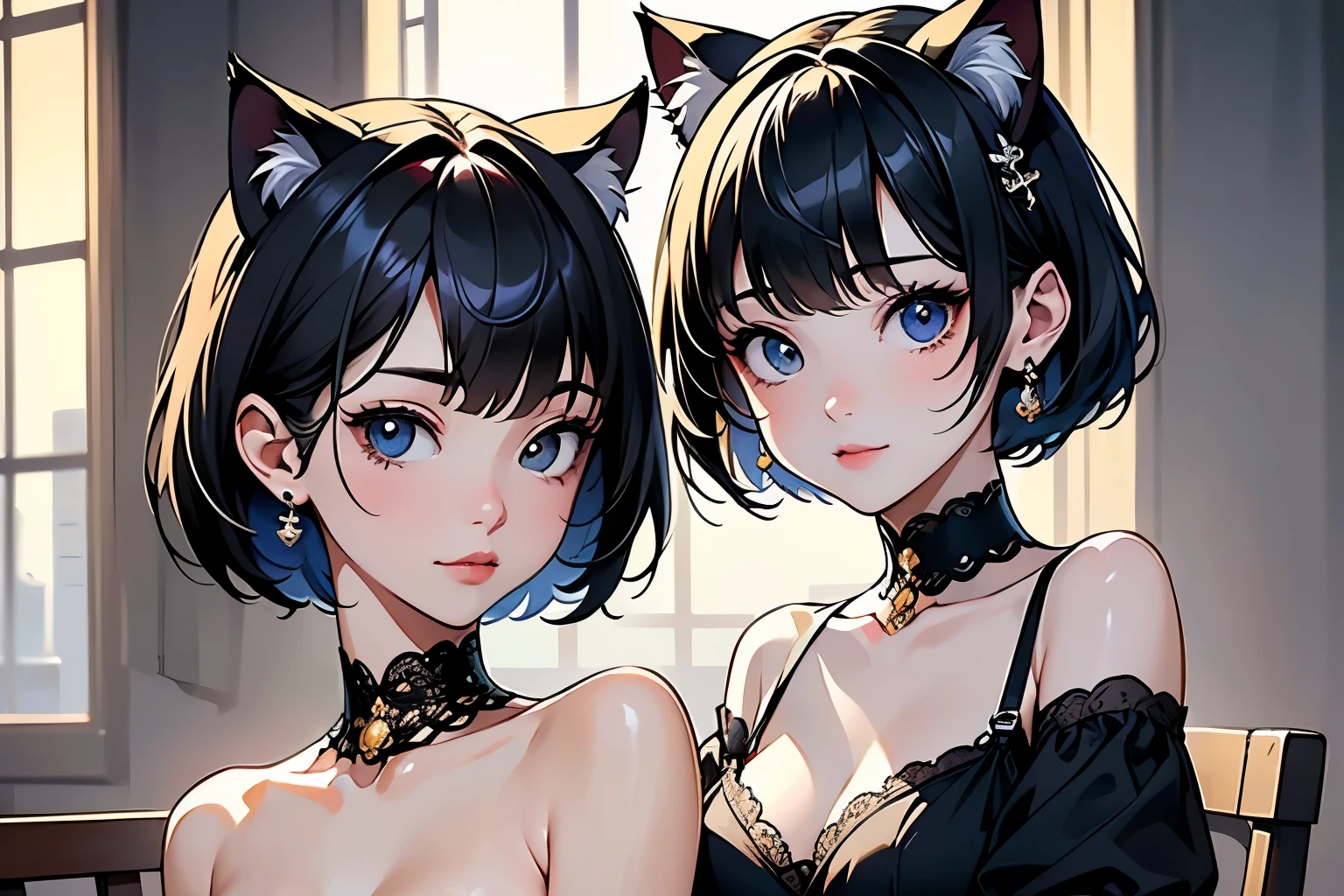 ( top quality,  Masterpiece,  high resolution)、4K Anime Art、( one woman、20 years old)、whole body、 ( depicts cute faces in detail)、  black hair、 short hair、 semi-long、 bob cut、 hair bun、 hair ornament、(Cat ears)、 black cat costume、 White cat costume  、 choker、( lingerie)、 sexy mini dress、 charming smile、 small breasts、( beds)、  cinematic light 、Soft light、( indoor、dim、lamp)、( simple background)、((Blank Background))、