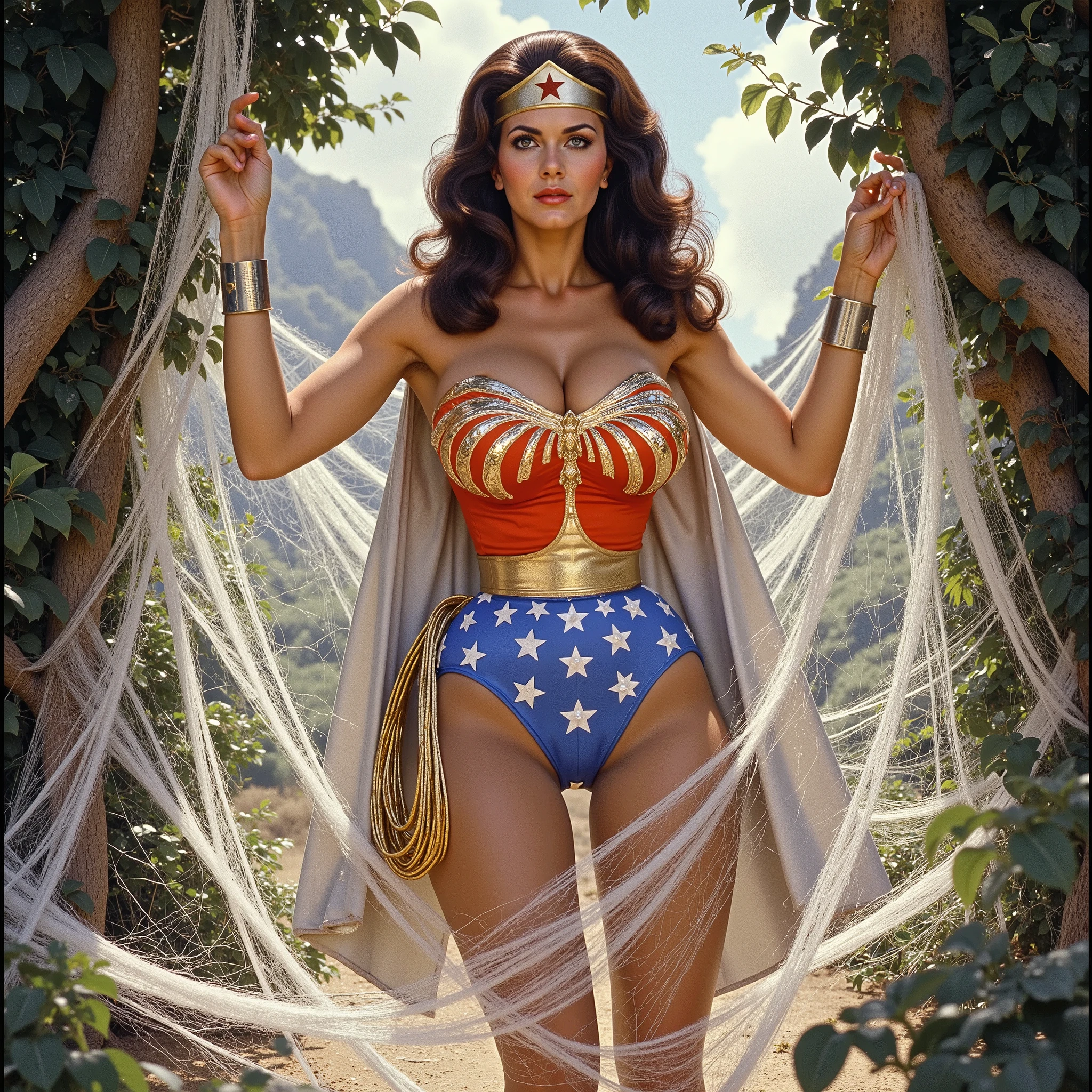 (WRAPPED AND TANGLED UP INSIDE A GIANT WHITE SILK SPIDER WEB) A SEXY LYNDA CARTER AS THE ICONIC 1960 WONDER WOMAN, WEARING A SPANDEX WONDER WOMAN COSTUME, SPANDEX PATRIOTIC BLUE SKIRT. A TRI-COLOR PATRIOTIC CAPE, RED WONDER WOMAN BOOTS. HER GOLDEN LASSO ATTACHED TO THE SIDE OF HER HIP. CRYSTAL CLEAR ART, CELAN CRISP ART, 4K, 8K, MILLIONS OF TEXTURES AND DETAILS. COMIC BOOK STYLE