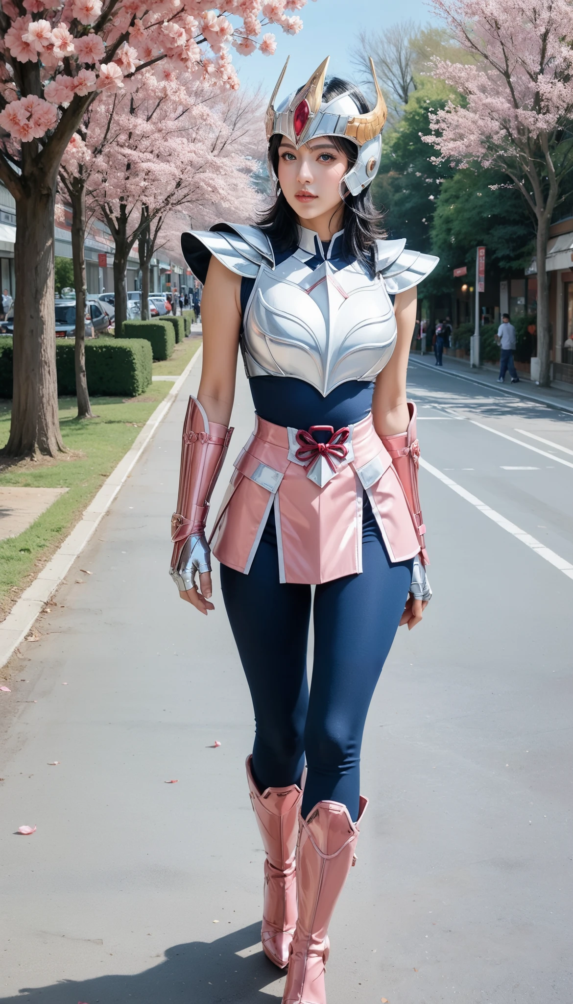 Half-body photo, score_9, score_8_and_above, score_7_and_above, 8K, beautiful face, detailed face, detailed eyelashes, natural makeup, glossy thin lips, walking, outdoors, on a street lined with cherry blossom trees on both sides, large breasts, slim waist, wide hips, 1 girl, realistic, ((intricate)). 1gikki,germany girl,short hair,armor,helmet,black hair,high heels,boots,breastplate,blue corset,pink armor skirt,blue leggings,fingerless gloves,gloves,shoulder armor,pauldrons,gauntlets,