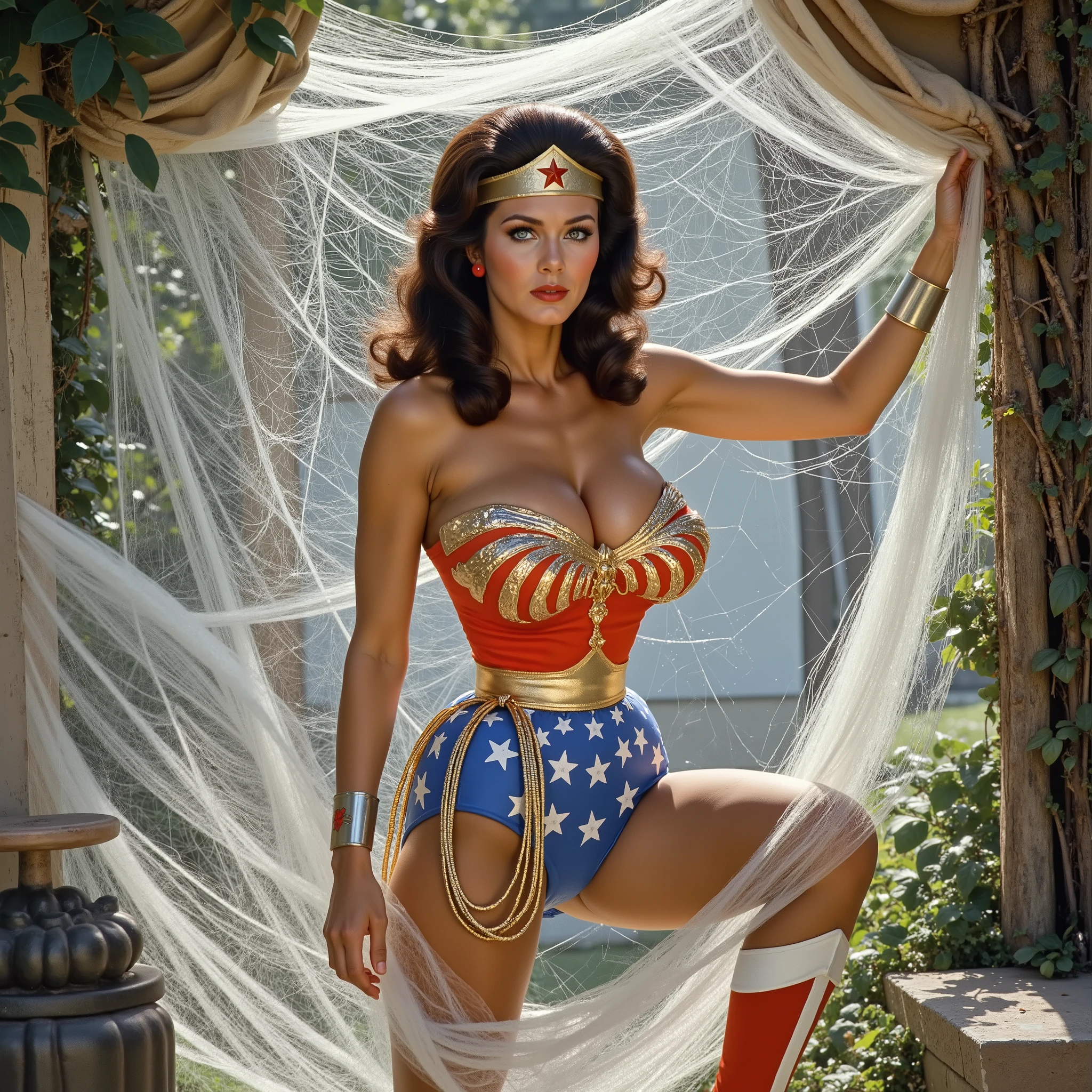 (WRAPPED AND TANGLED UP INSIDE A GIANT WHITE SILK SPIDER WEB) A SEXY LYNDA CARTER AS THE ICONIC 1960 WONDER WOMAN, WEARING A SPANDEX WONDER WOMAN COSTUME, SPANDEX PATRIOTIC BLUE SKIRT. A TRI-COLOR PATRIOTIC CAPE, RED WONDER WOMAN BOOTS. HER GOLDEN LASSO ATTACHED TO THE SIDE OF HER HIP. CRYSTAL CLEAR ART, CELAN CRISP ART, 4K, 8K, MILLIONS OF TEXTURES AND DETAILS. COMIC BOOK STYLE