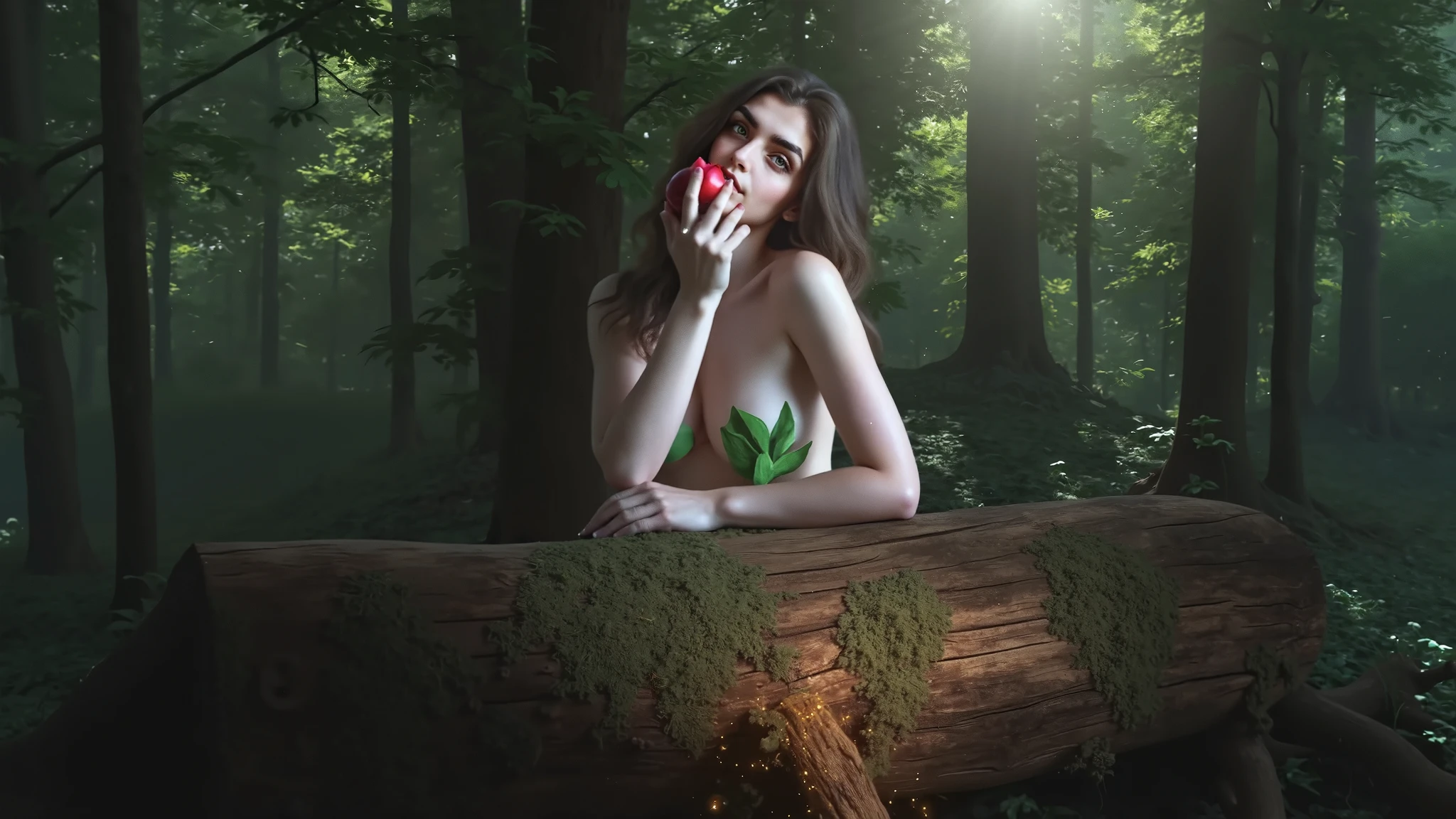 Eva, Female character from the Holy Bible, A beautiful and very attractive woman eating the fruit of the tree of life, Realistic 4K full-body image