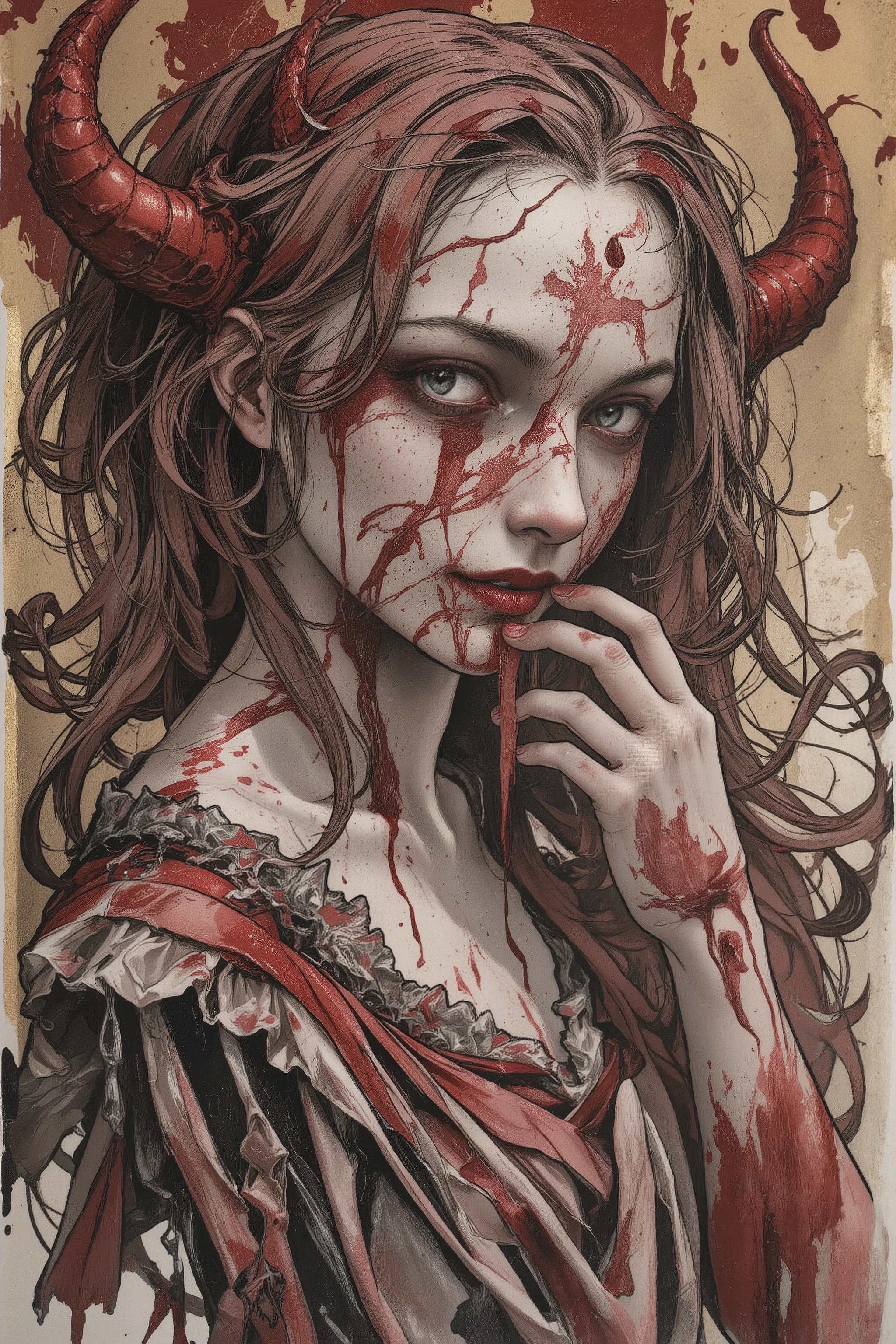 Oil paint drips from her hollow eyes, seeping into the canvas, staining, staining, staining. A chiaroscuro nightmare, shadows deeper than they should be, bleeding beyond the frame. Baroque composition, but twisted, malformed, violent, violent, violent. The outline shifts, ink lines pulsate, crawling across her skin like parasites, burrowing, nesting, consuming. Her smile—too wide, too sharp, not hers. Whose? Whose? Whose?
Satan’s daughter, a requiem in crimson, an elegy to the damned. The stroke of a brush, heavy with malice, thick with betrayal, layered, layered, layered. A grotesque masterpiece, a distortion of beauty, a hymn to destruction. The final act of God’s failure, the decay of reason, the corruption of form. Rendered in impasto, thick like flesh, viscous like blood. Tearing away the excess, scraping, scraping, scraping.
Glitch in the composition, a fracture in perspective. Vanishing points twist into spirals, endless, endless, endless. Color theory collapses, red devours all, a void swallowing saturation, suffocating light. Cross-hatching carves deep into the paper, etching her pain, engraving her sins. Her existence is a mistake, an error, a curse, a curse, a curse.
Burial upon burial, entombed within the paint, suffocating beneath layers of agony. The texture of suffering, the roughness of desecration, the brushstrokes of madness. The apocalypse framed in gold leaf, an icon of ruin, adored, worshipped, forsaken. She is watching, watching, watching. The ink runs dry, the hands shake, the canvas burns, and yet she lingers, forever, forever, forever.