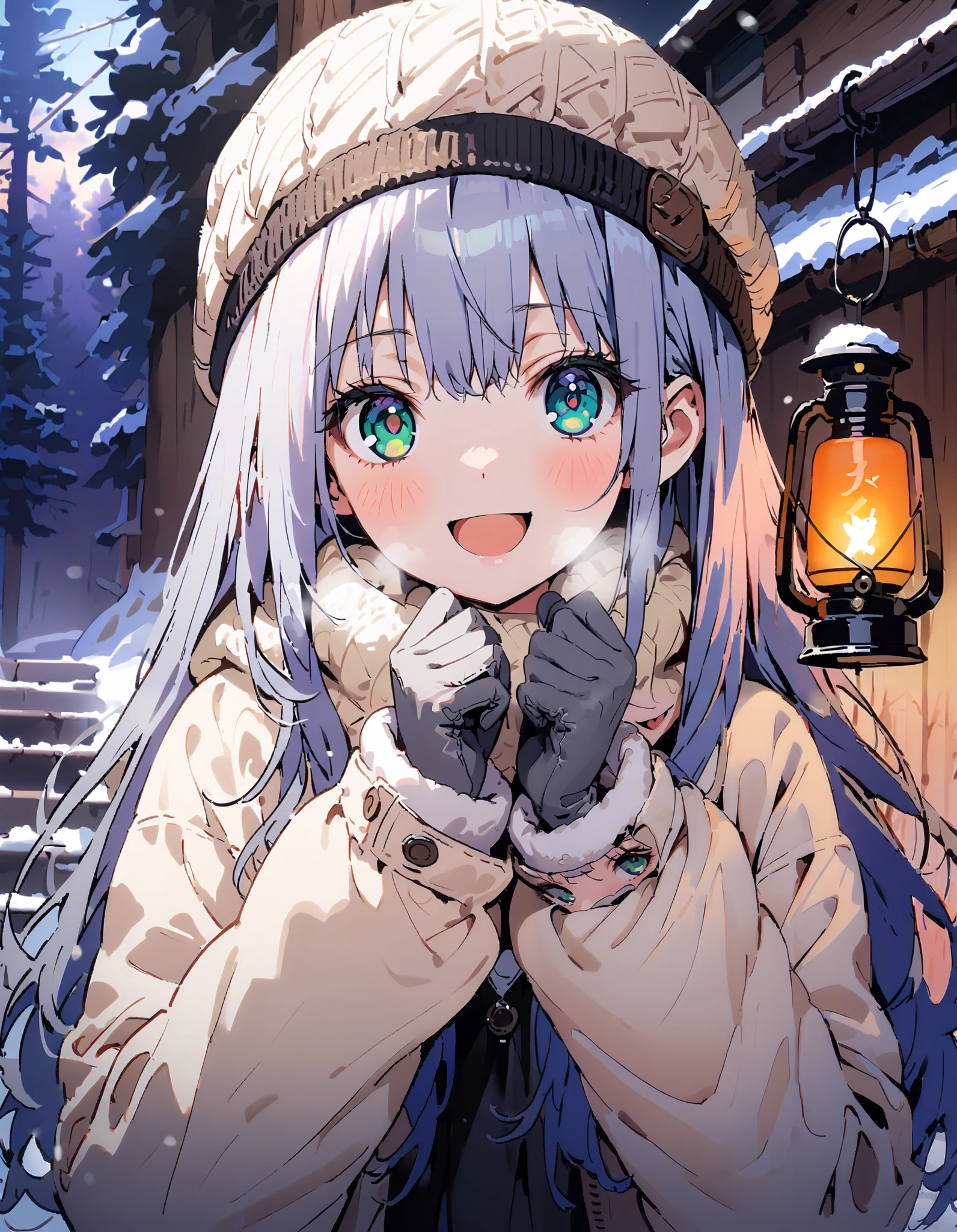 Prohibited bibliography, Green Eyes, Lantern, long hair,smile,blush, open your mouth, White Breath, White Down Coat ,White muffler, knitted hat ,grey gloves ,Black long skirt, boots,morning, standing,snow,whole bodyがイラストに入るように, break outdoors,forest,
break looking at viewer,whole body,
break ( Masterpiece:1.2), top quality , kampala,unity 8k wallpaper,(shape:0.8),( fine, beautiful eyes :1.6),It's a person ,whole body写真,CG Details , ( perfect hands, Complete Anatomy),