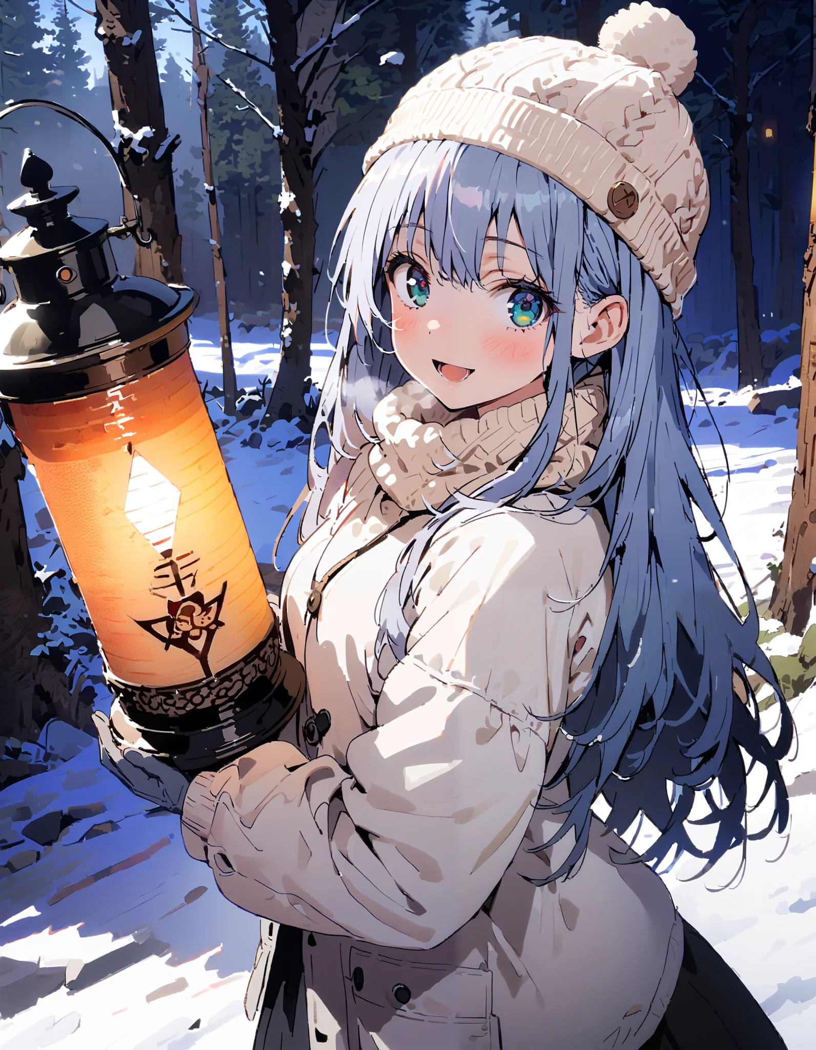 Prohibited bibliography, Green Eyes, Lantern, long hair,smile,blush, open your mouth, White Breath, White Down Coat ,White muffler, knitted hat ,grey gloves ,Black long skirt, boots,morning, standing,snow,whole bodyがイラストに入るように, break outdoors,forest,
break looking at viewer,whole body,
break ( Masterpiece:1.2), top quality , kampala,unity 8k wallpaper,(shape:0.8),( fine, beautiful eyes :1.6),It's a person ,whole body写真,CG Details , ( perfect hands, Complete Anatomy),