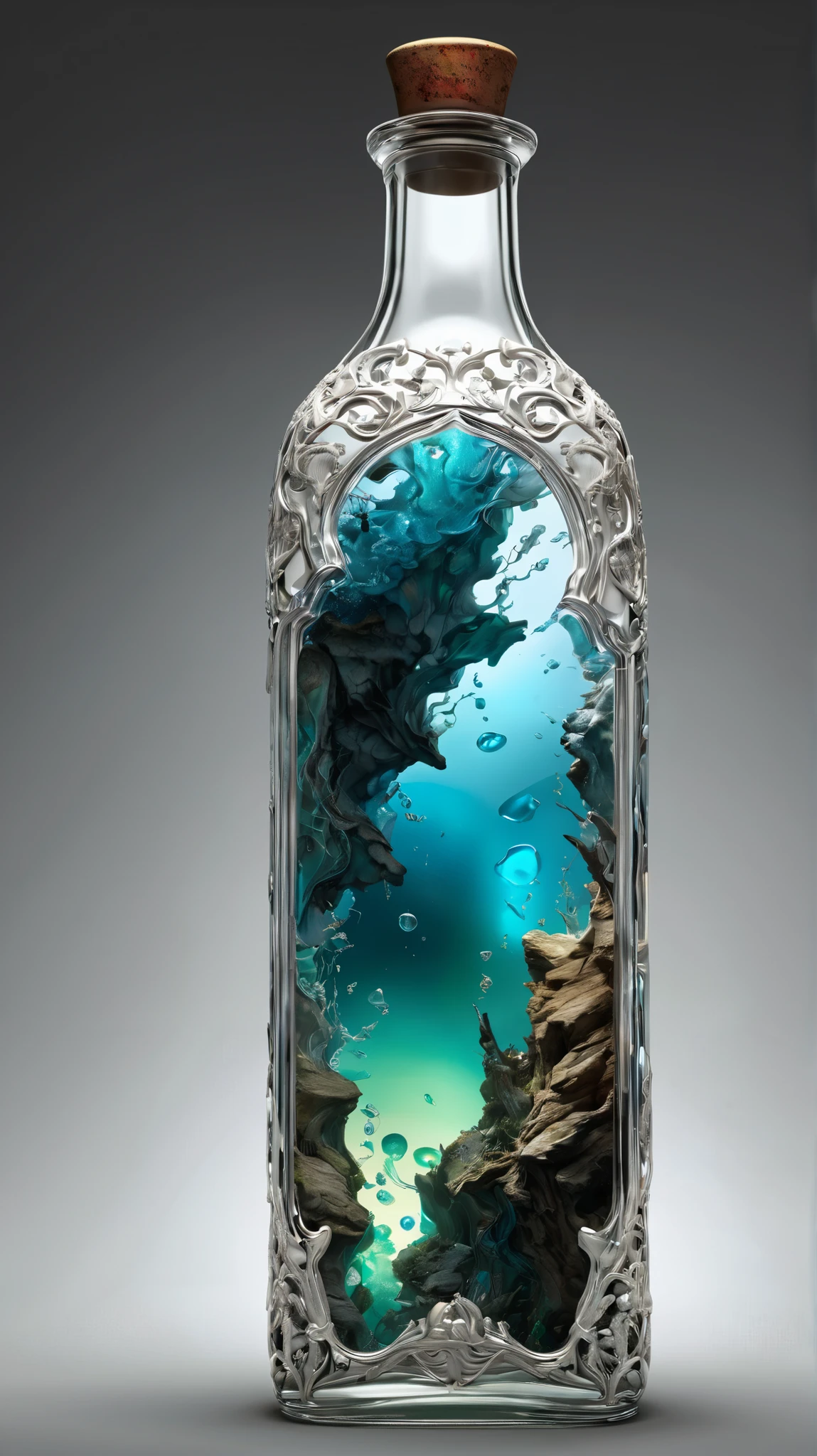 Vadim Kacin and Alberto Seveso 、 Mark Simonetti 、Jeremy Geddes、 by Gediminas Plankeviciu 、, Close up of a stunning crystal clear stained glass bottle with an aurora fjord inside。 Intricate and Highly Detailed Photorealistic Digital Painting , Artistic Art , Album Jacket Art , Amazing depth, Magical Aurora Lights , Filigree Motifs , Perfectly Balanced Style , Beautiful and Impressive Masterpiece 、 by the person responsible for Prompt