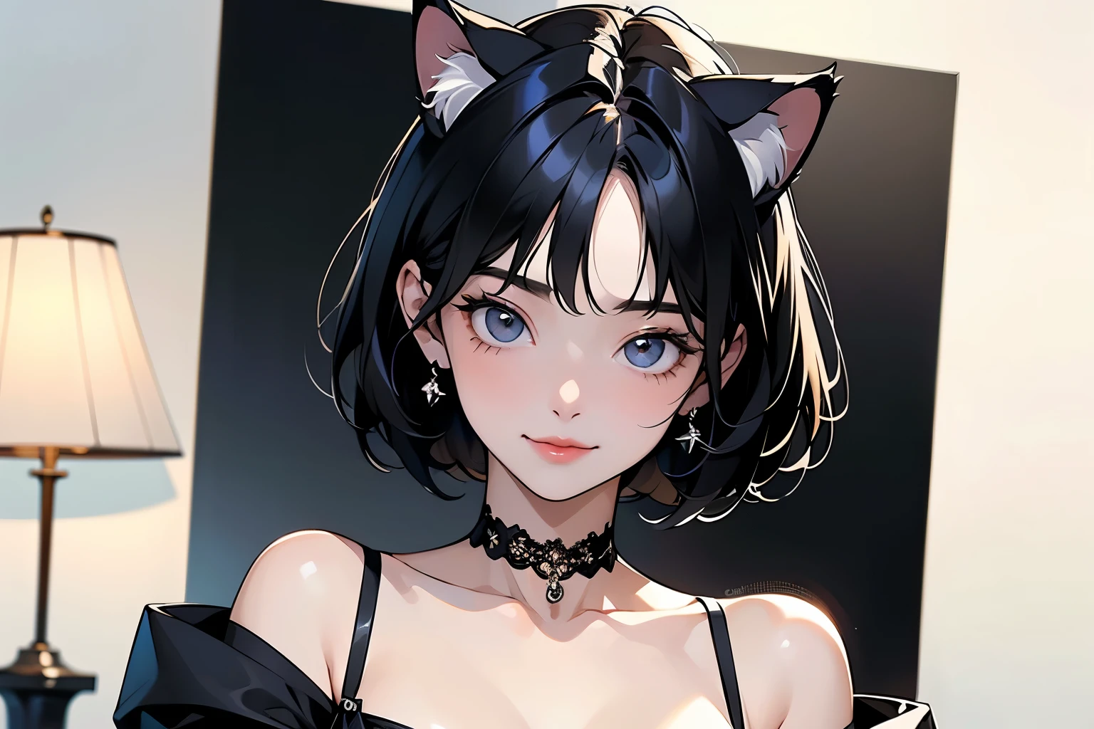 ( top quality, Masterpiece, high resolution)、4K、( one woman、20 years old)、whole body、 ( depicts cute faces in detail)、 black hair、 short hair、 semi-long、 bob cut、 hair bun、 hair ornament、(Cat ears)、 black cat costume、 White cat costume 、 choker、( lingerie)、 sexy mini dress、 charming smile、 small breasts、( beds)、 cinematic light 、Soft light、( indoor、dim、lamp)、( simple background)、((Blank Background))、
