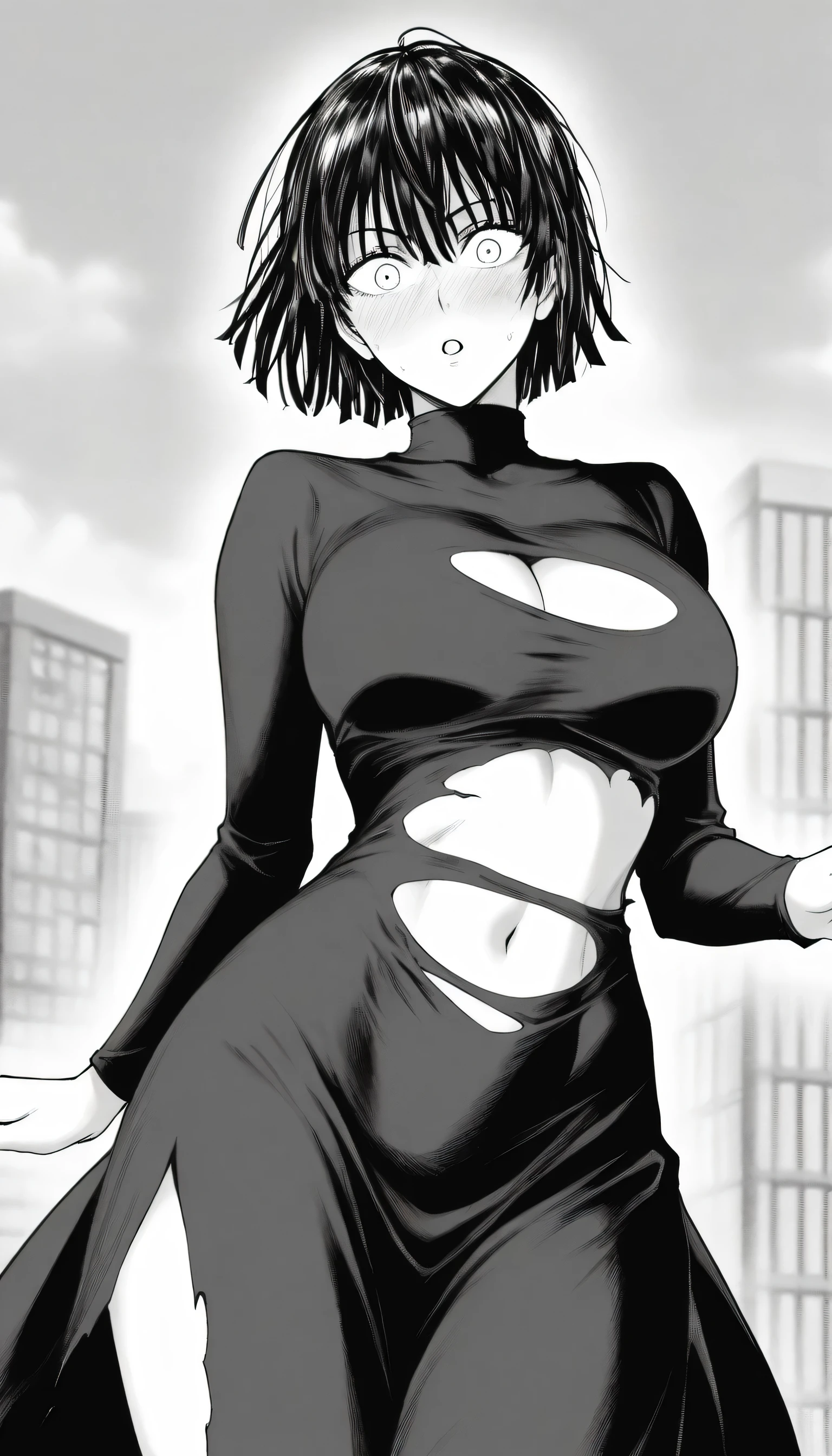 masterpiece, best quality, amazing quality, very aesthetic, intricate details, depth of field, scenery, BREAK.
monochrome, black and white, greyscale, screentones, halftone, ben-day dots, cross-hatching, hatching (texture), linear hatching, hatching \(art\), BREAK.
blush,
looking at viewer, surprised expression, surprised,
(wide eyed:1.2), (constricted pupils:1.2), (aged up:1.3),
BREAK.
(torn clothing:1.4), torn topwear, show off navel,
torn black dress, long dress, long sleeves, turtleneck, , BREAK.
fubuki (one-punch man), 1girl, solo, white eyes, black hair, short hair, bangs, hair between eyes, large breasts in logic size, BREAK.,
Underwear show off,bra show off,beautiful Curves,sexy body,