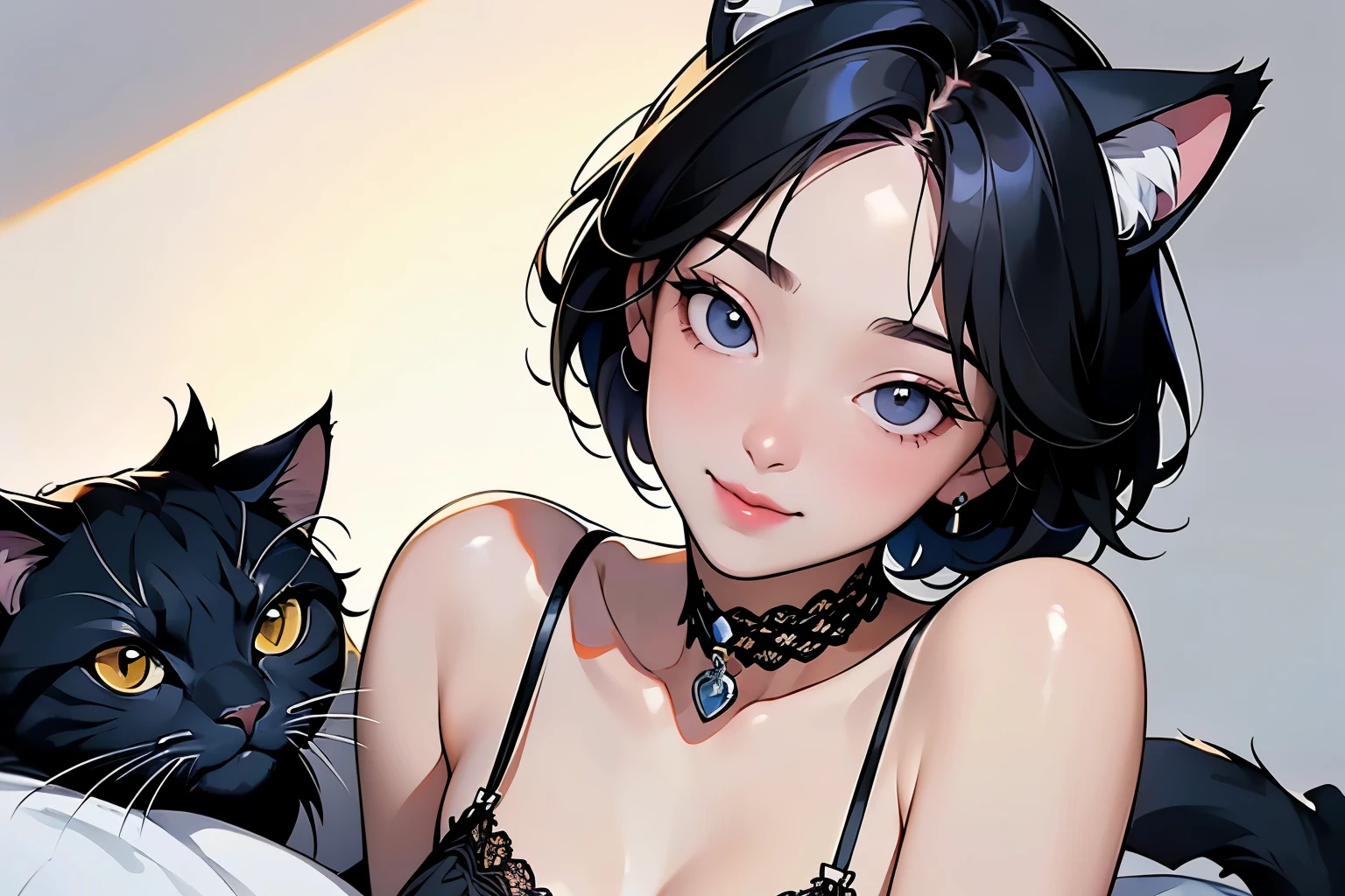 ( top quality, Masterpiece, high resolution)、4K、( one woman、20 years old)、whole body、 ( depicts cute faces in detail)、 black hair、 short hair、 semi-long、 bob cut、 hair bun、 hair ornament、(Cat ears)、 black cat costume、 White cat costume 、 choker、( lingerie)、 sexy mini dress、 charming smile、 small breasts、( beds)、 cinematic light 、Soft light、( indoor、dim、lamp)、( simple background)、((Blank Background))、