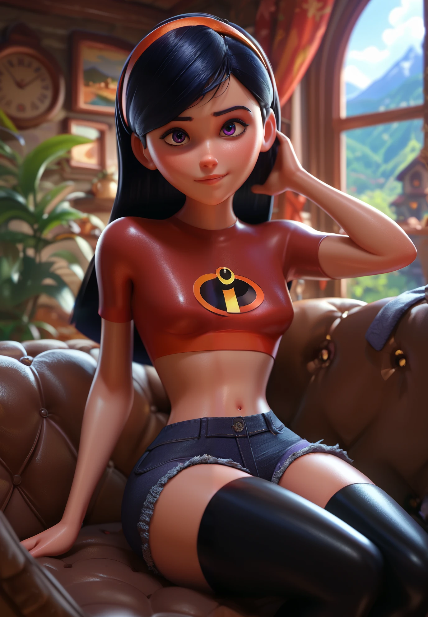1girl, Violet Parr, The Incredibles, sitting on a couch, long black hair, crop top, silk shorts, headband, black thigh highs, naturally sagging small breasts, sexy pose, lustful, BREAK, night time, mountain cottage, cinematic lighting,
