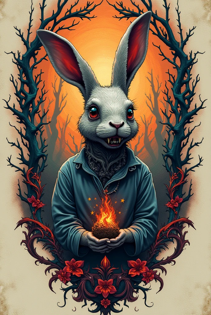 A rabbit with bones growing from flesh and fur in horror cartoon art style