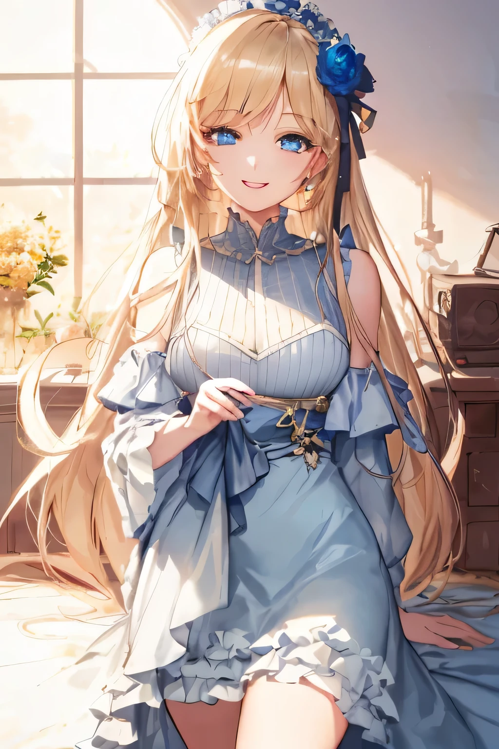 Masterpiece, top quality, Super Detail, 8k, best lighting, 1girl, cute, blue eyes, deep yellow long hair, charming smile