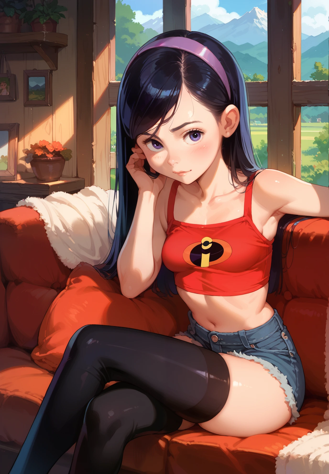 1girl, Violet Parr, The Incredibles, sitting on a couch, long black hair, crop top, silk shorts, headband, black thigh highs, naturally sagging small breasts, sexy pose, lustful, BREAK, night time, mountain cottage, cinematic lighting,
