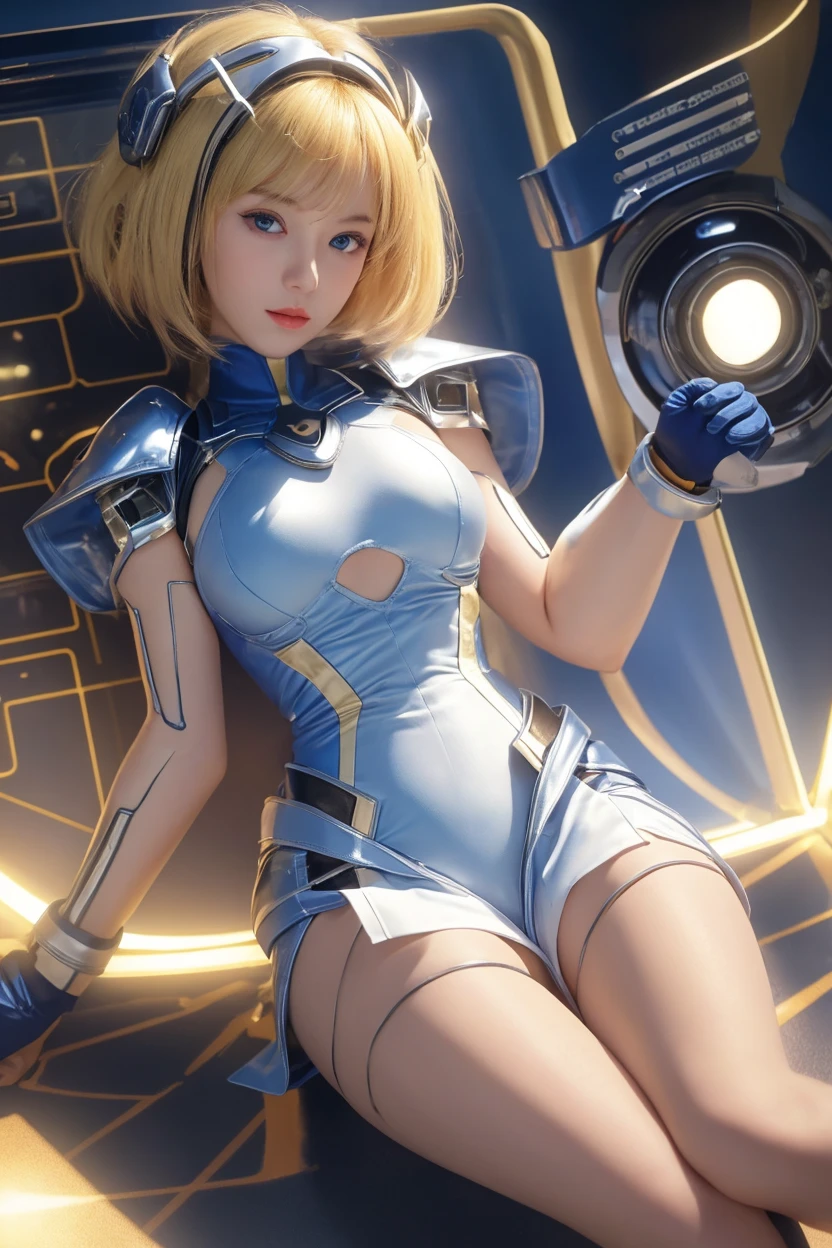 Absurd resolution, high resolution, (masterpiece: 1.4), super detailed, girl one, from above, futuristic, psychic powers, legend, universe, floating, blonde, petite, short hair, space-time, long boots, white and blue costume, elbow-length gloves