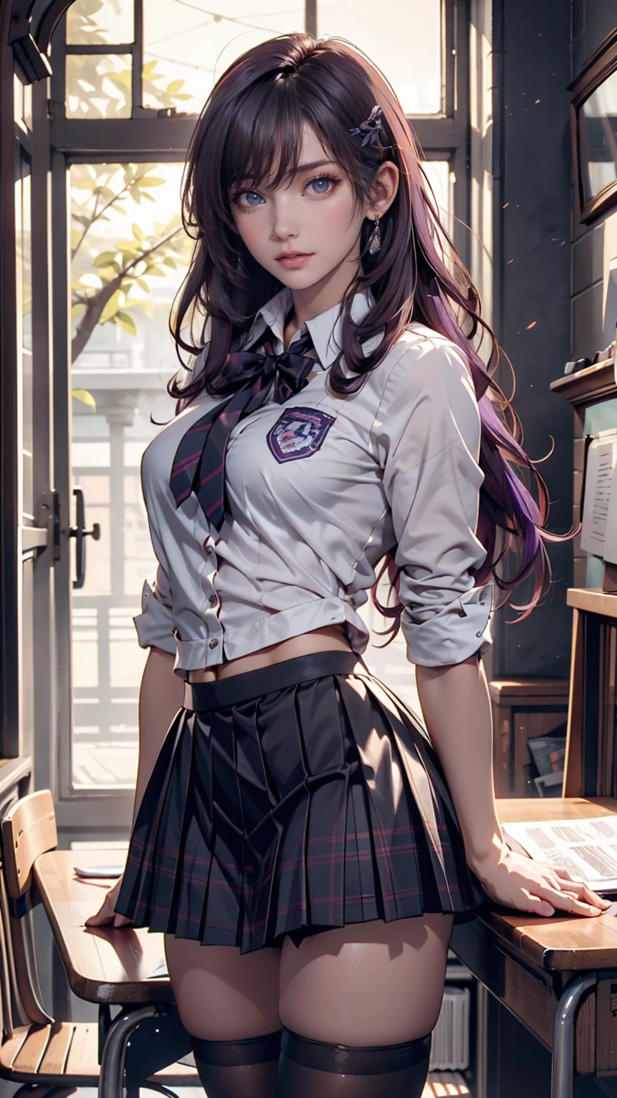 Photorealistic, High resolution, Soft light,1womanl, Solo, hips up high, (Detailed face),The tattoo, Jewelry, Current School Classrooms,On the podium,Wear a uniform、(Black flared skirt),Bigchest,low chest, Long hair、((poneyTail))、((lift up skirt))、((mix4))、((appearance々color panty abe々Colored hair))