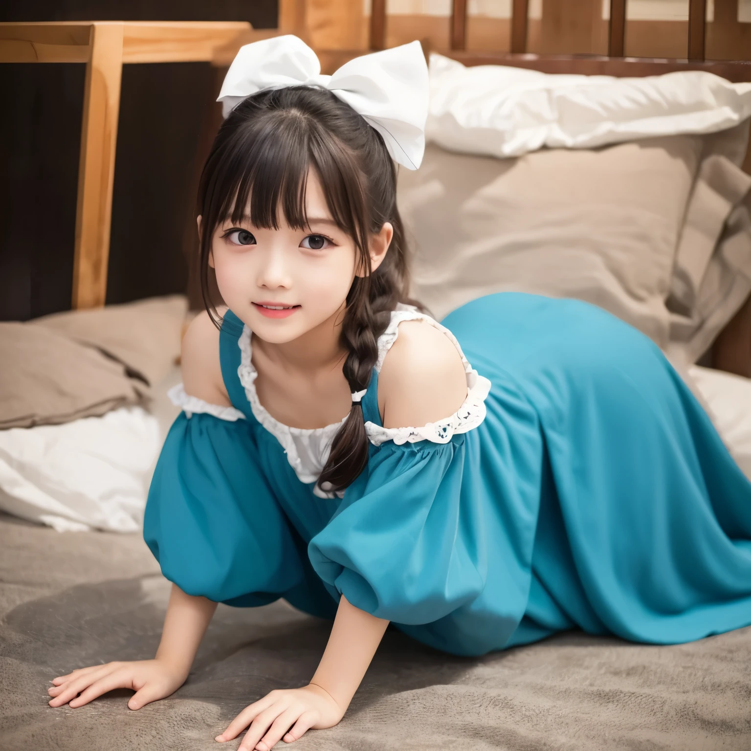 8k,masterpiece,Portrait Photography,Japanese,8-year-old girl,round face,Well-proportioned face,Innocent face,Calm Eyes,Big eyes,Fine grain,delicate,Slim body,Narrow shoulders,Small waist,Thin legs,Short stature,Extremely small breasts,summer,indoor,Cute outfit,The lighting makes the clothes transparent,Cute underwear,White underwear,Sky blue clothes,Girly Fashion,one piece,Summer Dresses,Quite short length,ribbon,choker,Lace choker,barefoot,Cute sandals,See-through,Medium-long hair,Cinematic lighting,Natural smile,Natural pose,Reader model for children&#39;s fashion magazine,