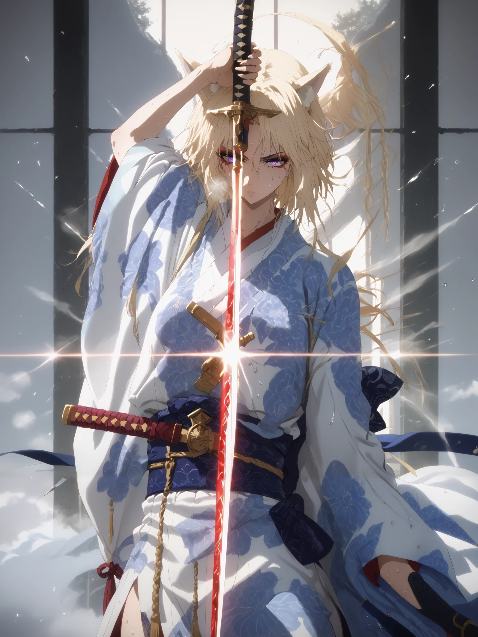 score_9, score_8_up, score_7_up, score_6_up, uncensored, zeta, ((animal ears)), purple eyes, blonde hair, large breasts, anime coloring, anime screencap, BREAK UHD, retina, masterpiece, accurate, anatomically correct, textured skin, super detail, high details, high quality, award winning, best quality, highres, 4K, excessive sweating, sweating, sweating drop, (gasping, heavy breathing:1.3), perfect eyes, beautiful eyes, eyelashes, makeup, detailed body, perfect body, BREAK, 1girl, sword, weapon, solo, japanese_clothes, katana, holding, looking_at_viewer, kimono, holding_sword, holding_weapon, glowing, white_kimono, wide_sleeves, sheath, long_sleeves, sash, obi, horns, closed_mouth, standing, tori, japanese architecture