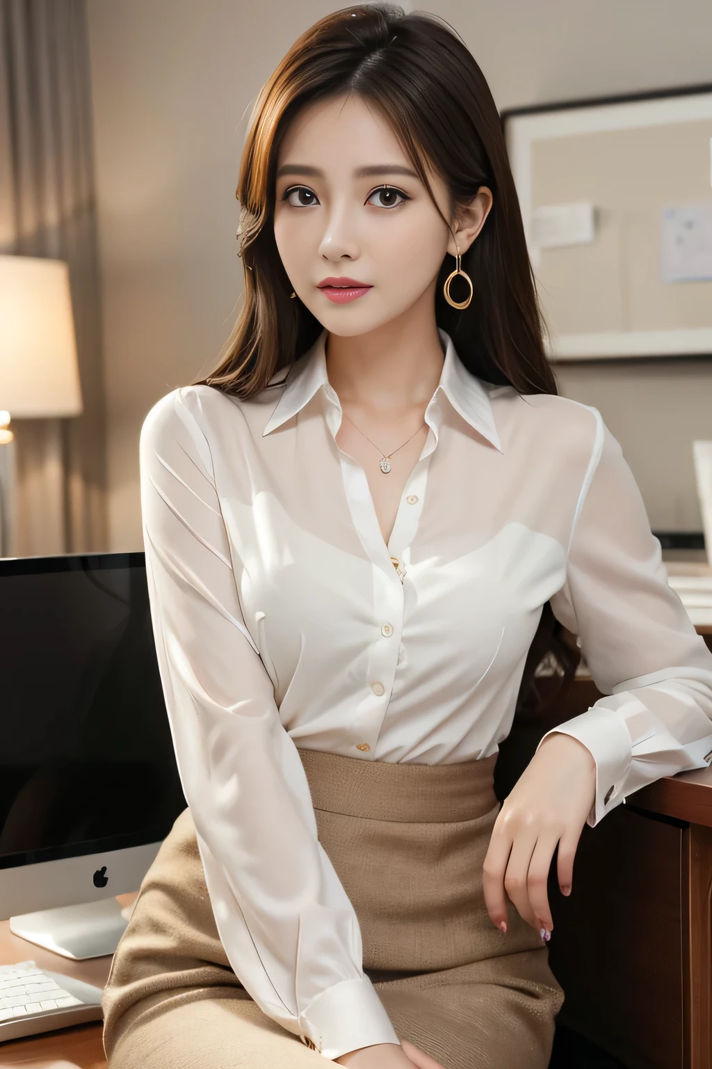 (Raw photo:1.2), (Photorealsitic), Beautiful detailed, (Real: 1.4), ighly detailedな目と顔, beatiful detailed eyes, Standing in the office、(Ultra-realistic pantyhose、high-heels)、huge filesize, hight resolution, ighly detailed, top-quality, [​masterpiece:1.6], illustratio, ighly detailed, nffsw, finely detail, top-quality, 8k wallpaper, 1 milf, 43 yeas old, perfect body type, Cute sagging eyes,Beautiful big eyes、Pieckfinger, ((masutepiece)), Best Quality, 1 milf, eye shadow, Portrait, ((FULL BODYSHOT:1.4))((Brown-colored super long hair:1.2))((Loose and wavy hair:1.3))((Gold Necklace＿large earring:1.3))Bewitching beautiful mature elite secretary in luxurious silk blouse、Wearing a satin blouse, ultra-thin fabric、smooth、See-through fabric、Standing gracefully、fullbody shot、((full figure supermodel standing, entire body in frame))Pleated skirt with many checked folds、No expression、A slightly melancholy look
