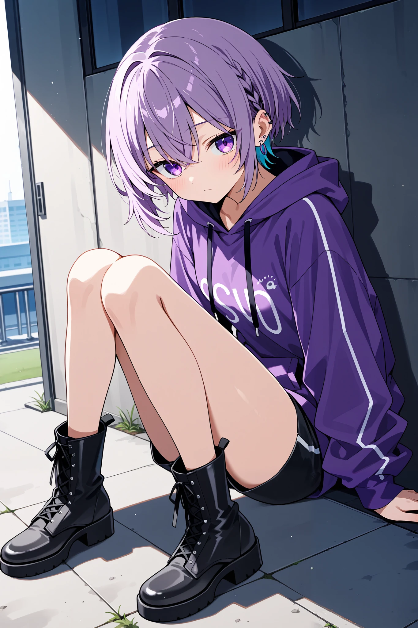 (highest quality,8k,High resolution, masterpiece:1.2), Super detailed, High resolution、One Girl、Light purple hair color、There are some stylish pink lines in her hair.、ponytail、older sister、Top jersey、Jacket size XL、hot pants、Beautiful feet、Thin legs、Naughty expression、Mocking look