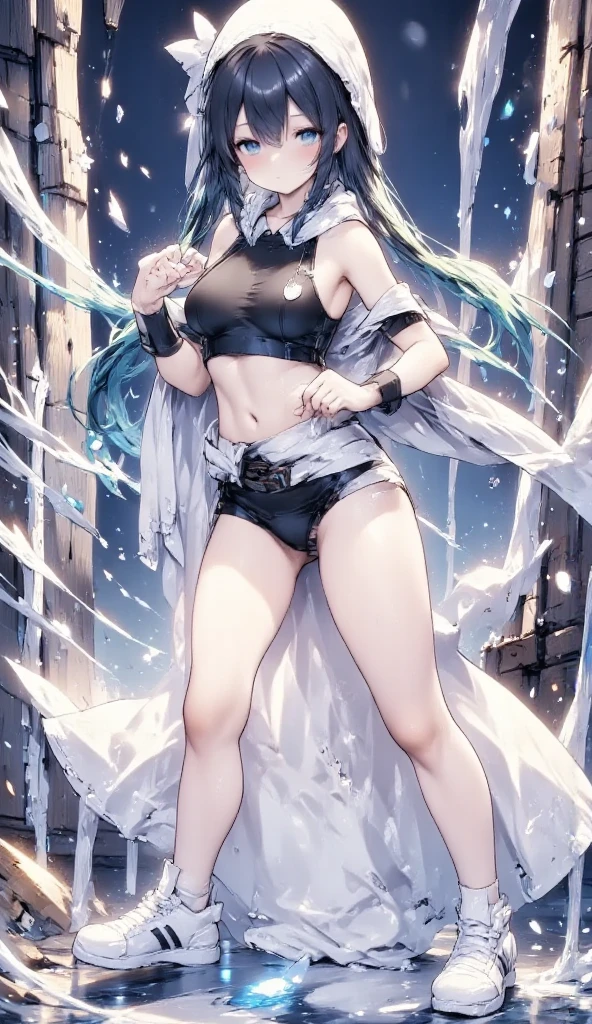full body picture of girl with big breasts and big butt , long Brown black hair With blue highlights . bushing and smiling. with a collar around her neck wearing highly reviling clothes That is Just a see through White Tight fight cold Shoulder Tube crop top shirt That shows her breasts and tits. And a black dropped waist micro skirt That shows her extra small high rise g string panties And part of her butt. And high heels . Spreading her legs and arms out sexy