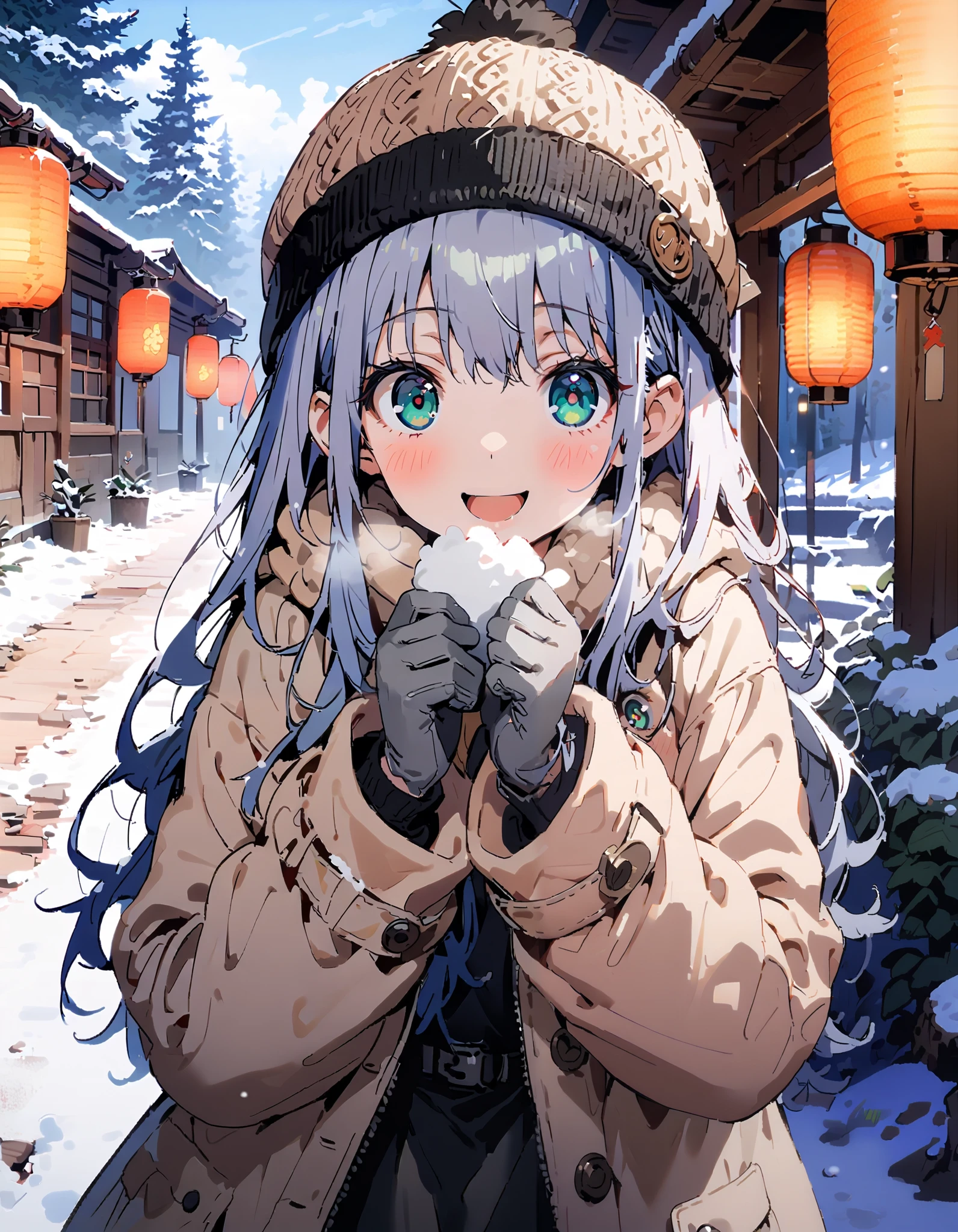 Prohibited bibliography, Green Eyes, Lantern, long hair,smile,blush, open your mouth, White Breath, White Down Coat ,White muffler, knitted hat ,grey gloves ,Black long skirt, boots,morning, standing,snow,whole bodyがイラストに入るように, break outdoors,forest,
break looking at viewer,whole body,
break ( Masterpiece:1.2), top quality , kampala,unity 8k wallpaper,(shape:0.8),( fine, beautiful eyes :1.6),It's a person ,whole body写真,CG Details , ( perfect hands, Complete Anatomy),