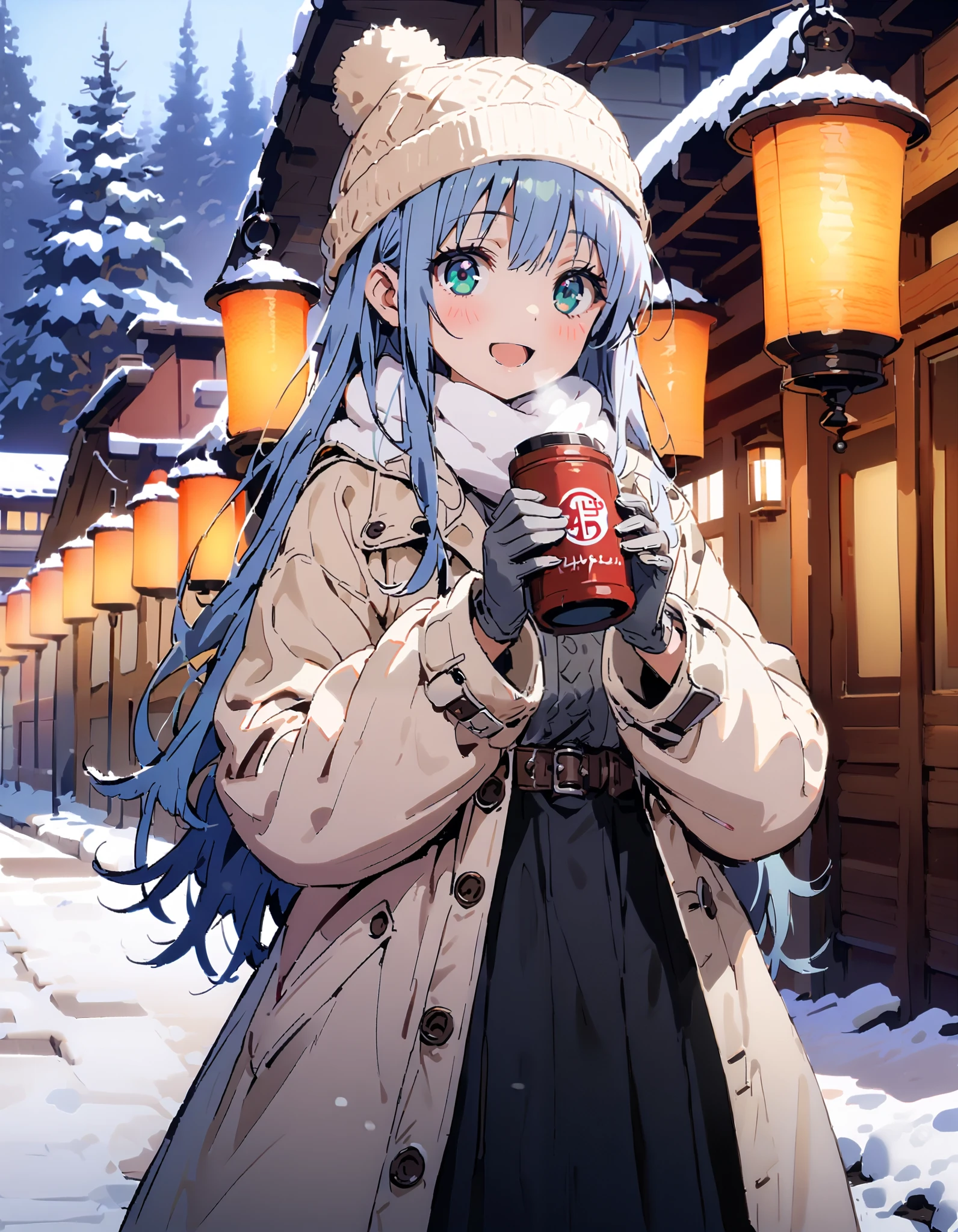 Prohibited bibliography, Green Eyes, Lantern, long hair,smile,blush, open your mouth, White Breath, White Down Coat ,White muffler, knitted hat ,grey gloves ,Black long skirt, boots,morning, standing,snow,whole bodyがイラストに入るように, break outdoors,forest,
break looking at viewer,whole body,
break ( Masterpiece:1.2), top quality , kampala,unity 8k wallpaper,(shape:0.8),( fine, beautiful eyes :1.6),It's a person ,whole body写真,CG Details , ( perfect hands, Complete Anatomy),