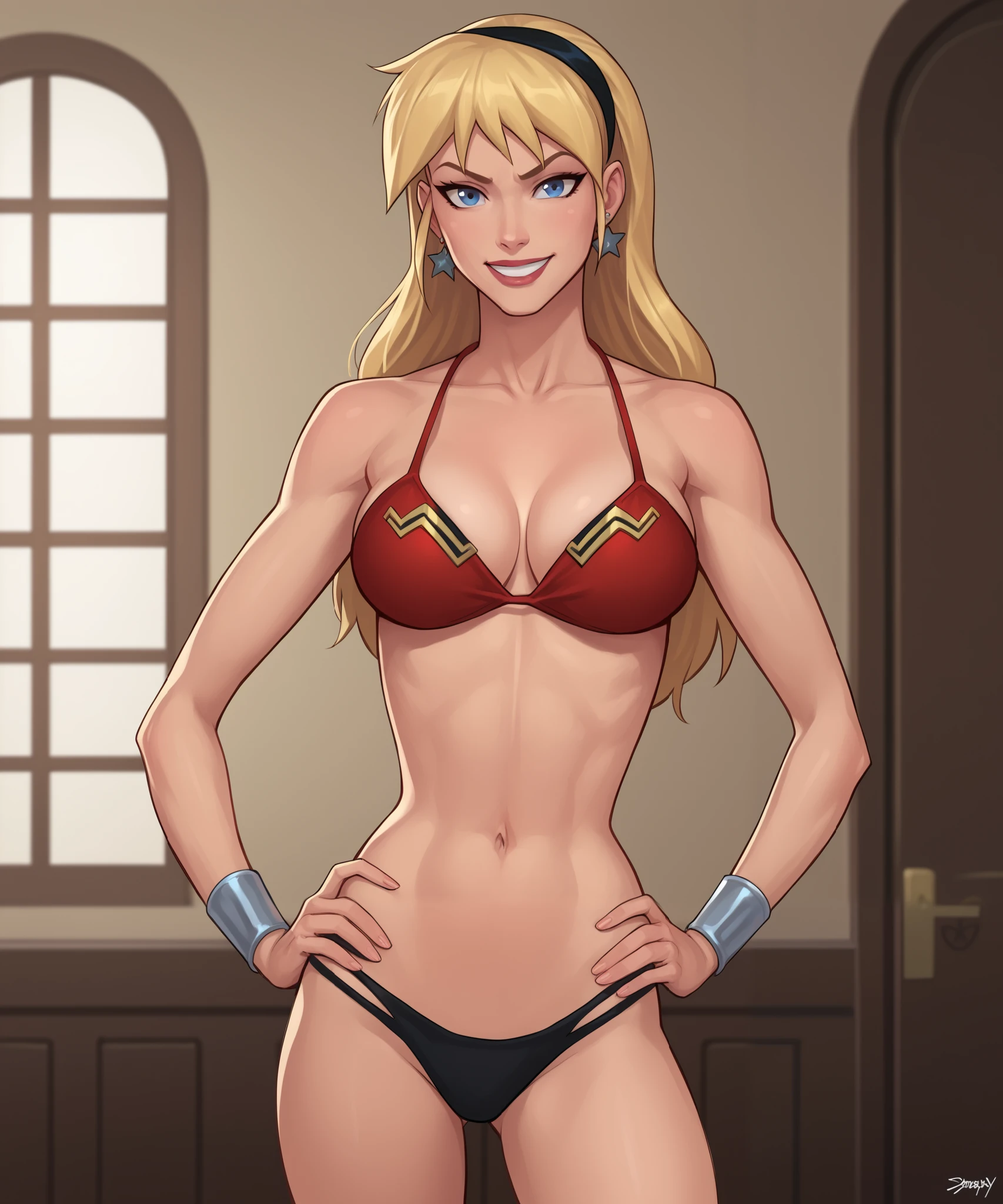 safe_pos, PonyXLV6_Scores BREAK (((parody style, parody:1.2)), perfect anatomy, cowboy shot) 1girl, blonde hair, blue eyes, flirting, raised eyebrow, ((looking at viewer)), hairband, black bikini top, star earrings, red bikini bottom, curvy, toned, athletic, standing, hand on hip, sexually suggestive, indoors, smiling