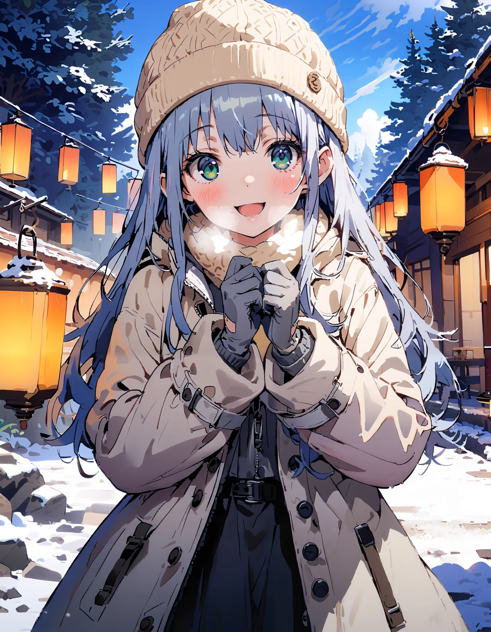 Prohibited bibliography,  Green Eyes,  Lantern,  long hair,smile,blush, open your mouth, White Breath, White Down Coat ,White muffler, knitted hat ,grey gloves ,Black long skirt, boots,morning, standing,snow,whole bodyがイラストに入るように,                                                                              break outdoors,forest,
break looking at viewer,whole body,
break ( Masterpiece:1.2), top quality , kampala,unity 8k wallpaper,(shape:0.8),(  fine, beautiful eyes  :1.6),It's a person ,whole body写真,CG Details , ( perfect hands, Complete Anatomy),
