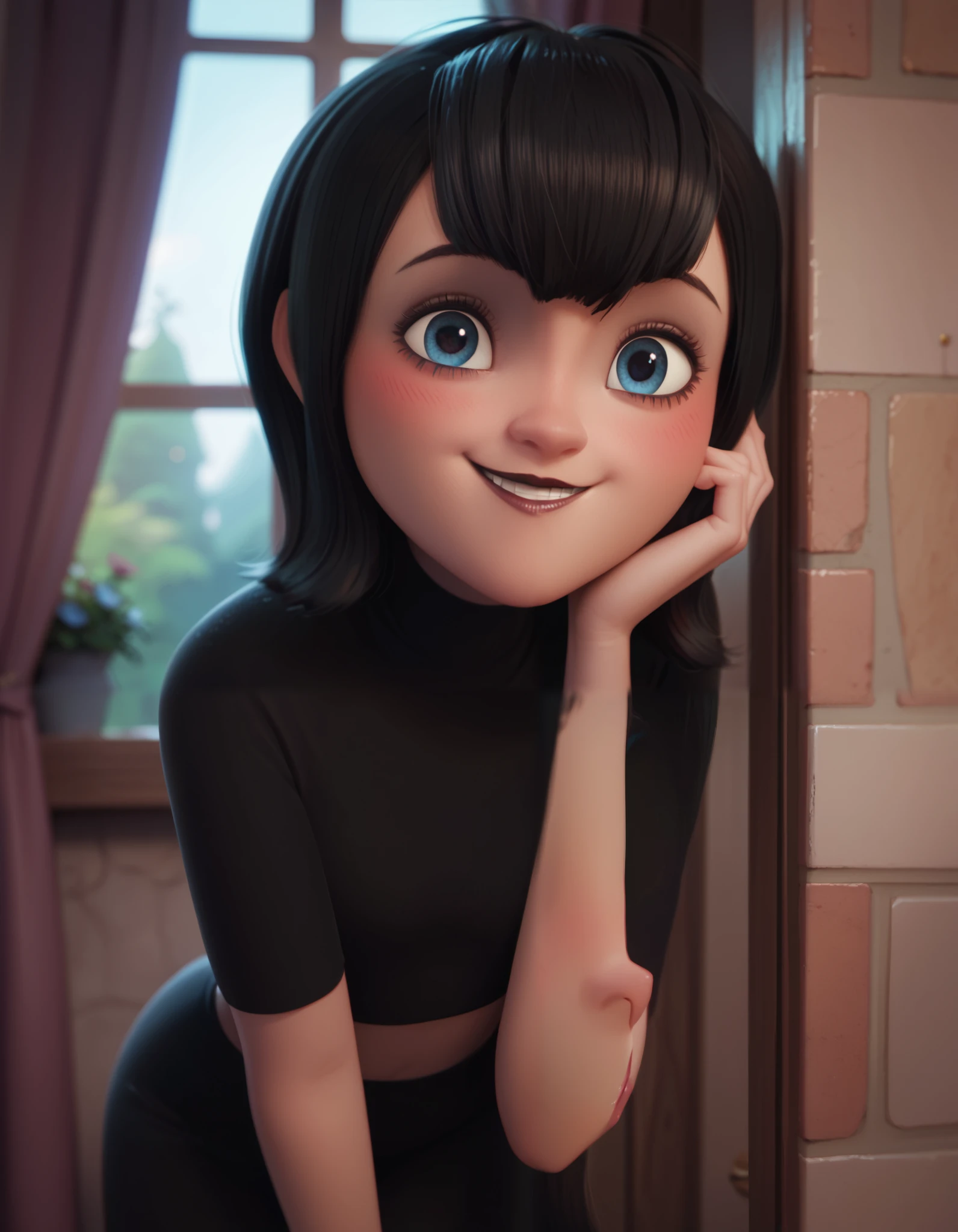 Mavis dracula, Bblack hair, blue colored eyes, blush, corner smile, black crop top, black miniskirt, standing, dark eye shadow, best quality, bending over, hand on knees, close up