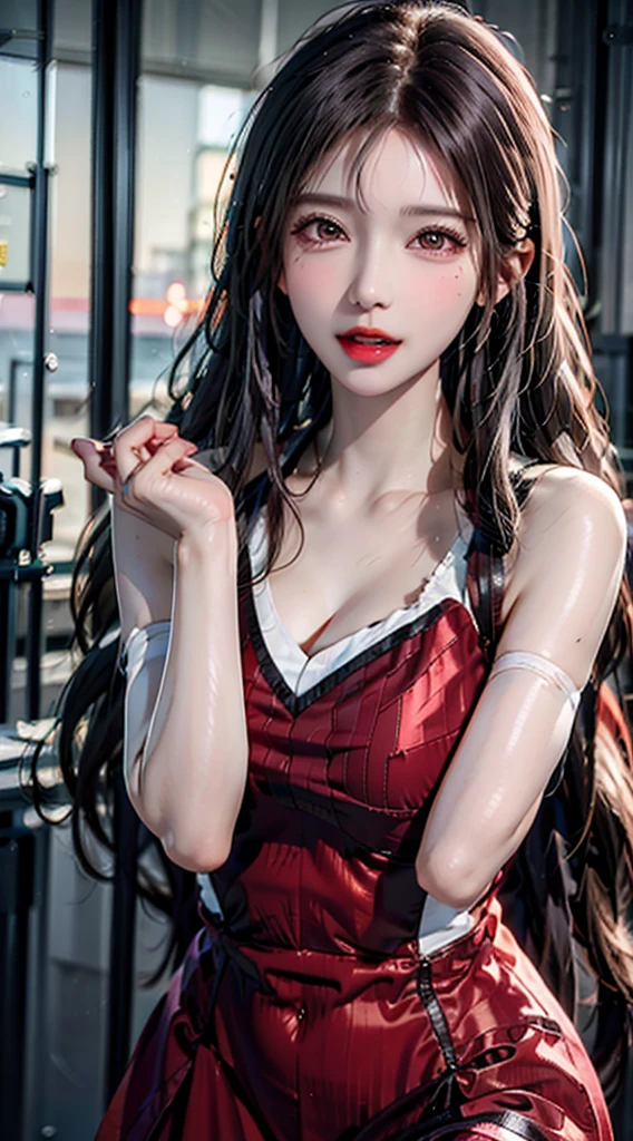 18-year-old schoolgirl, cute schoolgirl, beautiful girl, delicate and beautiful girl, delicate facial features, long-range portrait, 8K picture quality, extreme detail, detail portrayal, messy hair, (cute bangs), ponytail, flowing hair, black hair, slim face, perfect proportioned body, slim body, realism, super high resolution, master work 1, real texture, movie lighting realism, facial features, supple lips, ((pure desire makeup)), pure girl, first love, first love, shyness, Blush, shyness, innocent expression, summer, outdoors, ((street reality)), gaze at the camera, look at the viewer, (turtleneck sleeveless crop top), ((pink), leather wrapping, (huge breasts), sleeveless
