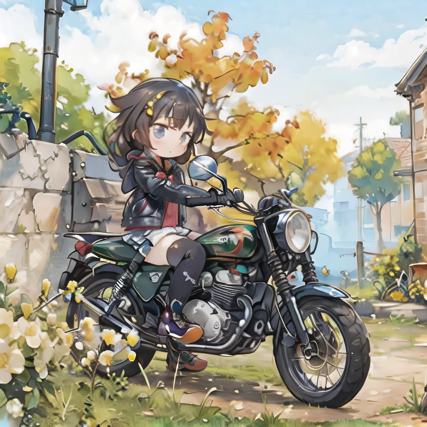 ( Masterpiece, Top Quality:1.2), young girl riding a small motorcycle, alone, Rape blossoms, LEATHER JACKET, mini skirt, stockings,