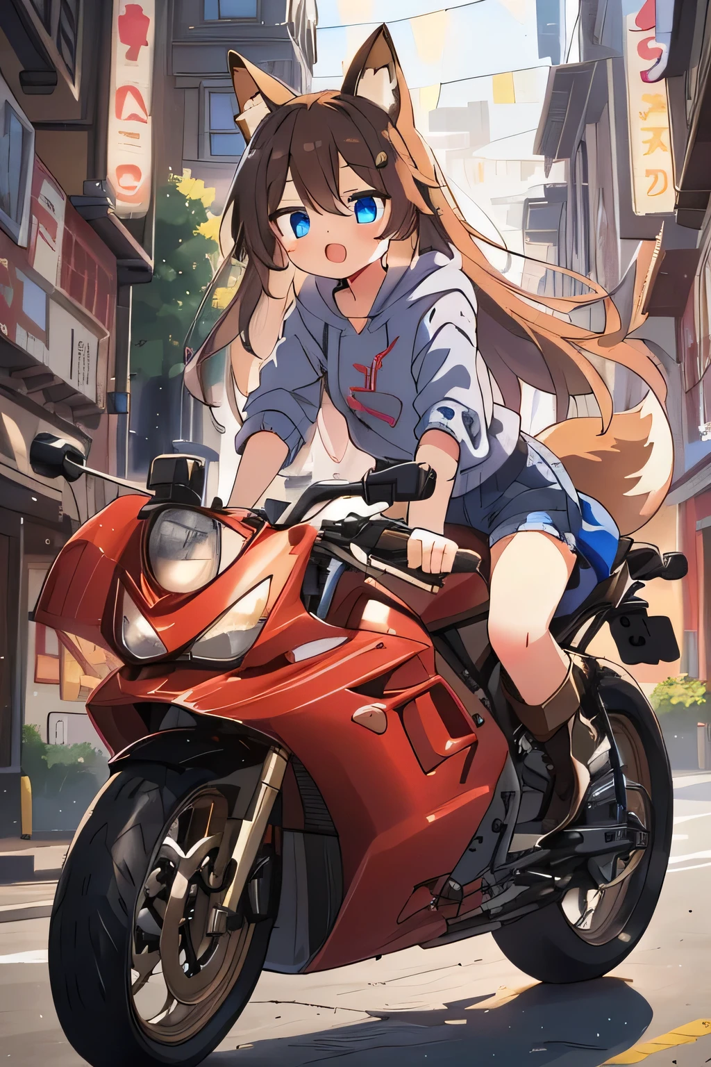 1 girl、 long hair、 blue eyes、 brown hair、Fox Ears、tail、Brown hoodie、 blue jeans 、 brown boots、whole body、