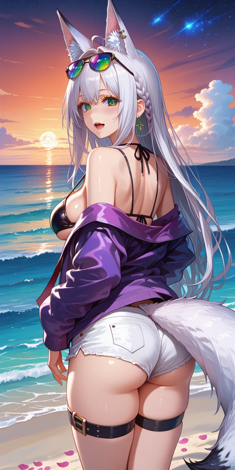 (masterpiece, highres, best quality, ultra detailed, detailed background, cinematic lighting:1.2), (beautiful detailed face, detailled eyes), 1girl, long hair, white silver hair, straight hair, bangs, swept bangs, medium breasts, perky breasts, toned, red eyes, white swimsuit, hand panty,hands down underwear, wet, wet hair, wet swimsuit, water drop, shiny skin, shiny lips, sexually suggestive, perfect body,fox ears,(( blush on)),lying on ,open air, perfect white tails,((fox tails)),(Right leg tattoo),view from pussy,view from bottom to top