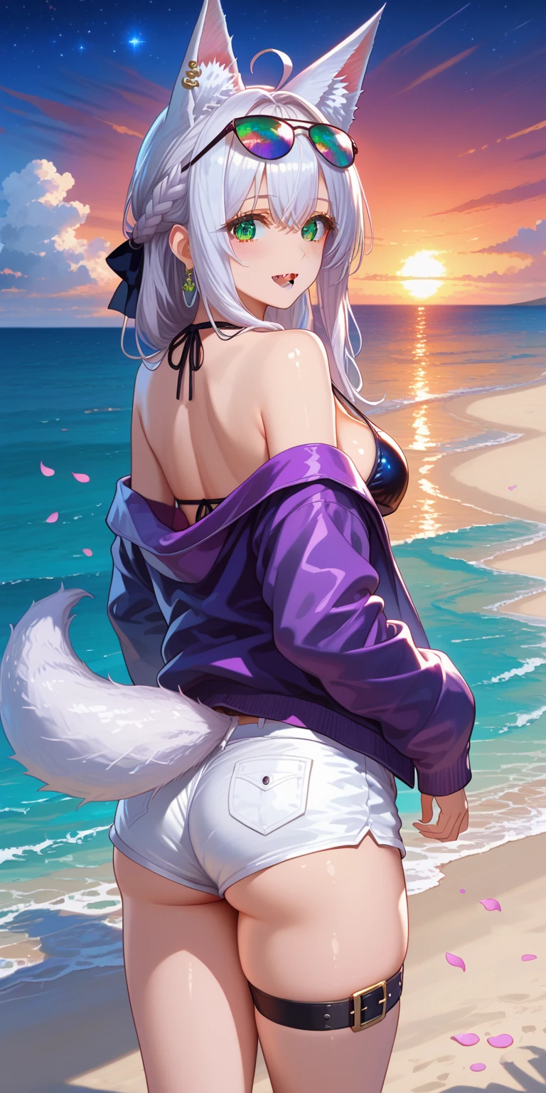 (hyperrealistic), a fox girl with a white fox tail, Sarah Fox, blonde with ponytail, detailed purple eyes, happy, arms behind head, purple camouflage bikini, trained body, medium breasts, standing at the beach, at night