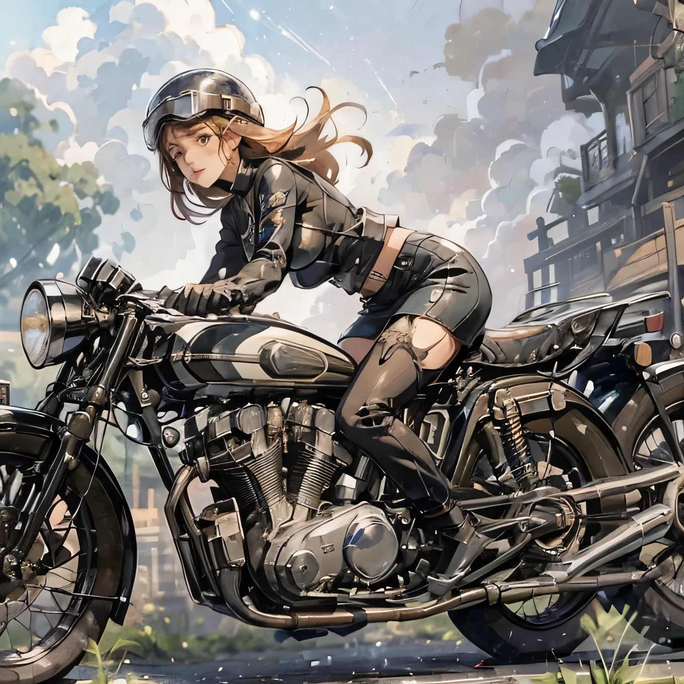(A young female rider speeds along on a motorcycle)、(Leaning forward:1.2)、Vintage Bikes、Bluff Superior SS100、Isle of Man Races、Leather jumper、Cromwell helmet with goggles、After the Rain、English countryside、(Highest quality, masterpiece, High resolution)、8k、wallpaper