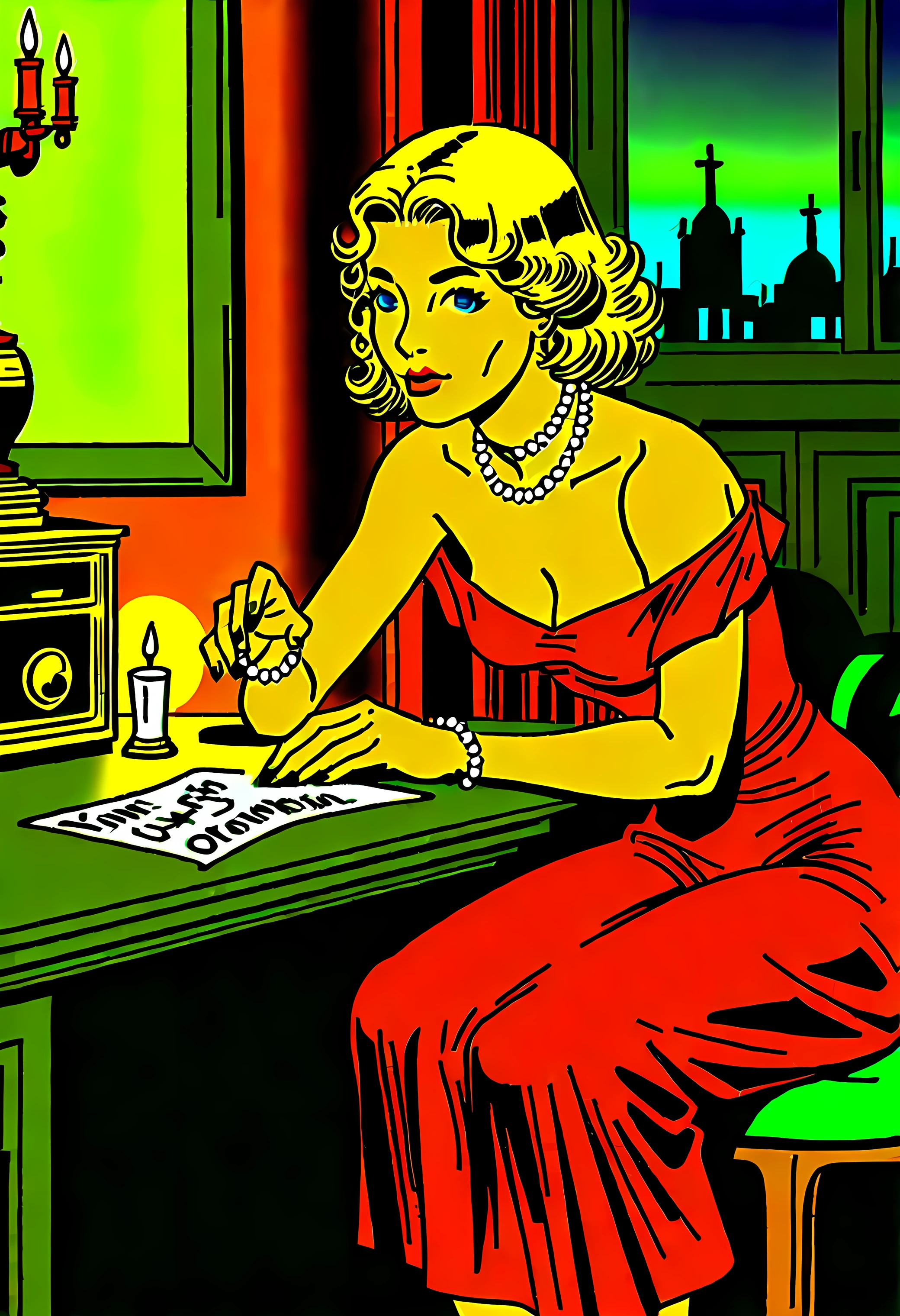 1girl, solo, flapper girl, 1920s flapper dress, curly ginger hair, waist-length hair, blue eyes, small breasts, collarbone, toned body, gold jewelry, pearl necklace, Art Nouveau curves, romantic, BREAK, close-up, from other side of table, sitting across from, dynamic angle, tearful expression, longing gaze, looking at viewer, across table, leaning forward, vintage table, candlelight, BREAK, indoors, 1920s speakeasy, wooden interiors, dim lighting, Art Deco details, soft jazz, blurred patrons in background, red velvet curtains, gold accents, BREAK, (safe_pos, fine texture, masterpiece, ultra-detailed, very aesthetic, absurdres, volumetric lighting, scenery), rating_safe, source_cartoon, source_comics, official style, original art style, vintage comic, sepia tones, ink crosshatching, absurdres, masterpiece,, Expressiveh choker, anklets, , flux-style ((masterpiece, Highest quality, Best image quality, High resolution, Realistic, RAW Photos, 8k, Highly detailed)) 4lch3my_l4b CyberRealistic_Negative_PONY