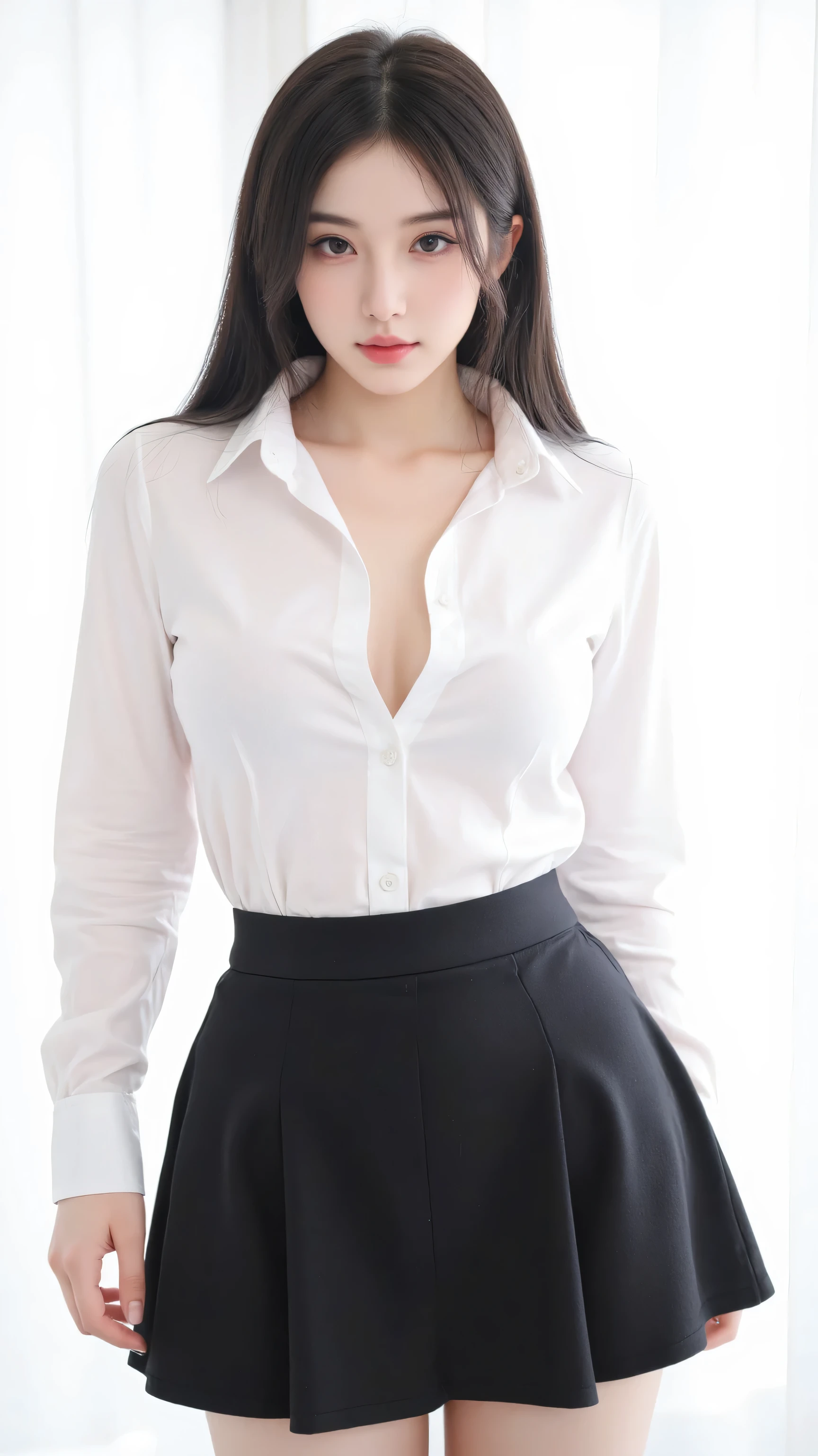 Highest quality, Masterpiece, 8K, ultra high definition, (realistic: 1.4), 1 woman, Beautiful face, symmetrical eyes, big, perfect body proportions, หน้าอกขนาดbig, Nipples visible, visible crack, The shirt reveals the chest., Thai teacher uniform, Viewer's appearance, (inside the plane: 1.2), front view, shoulder jump, absolute space (1.3),