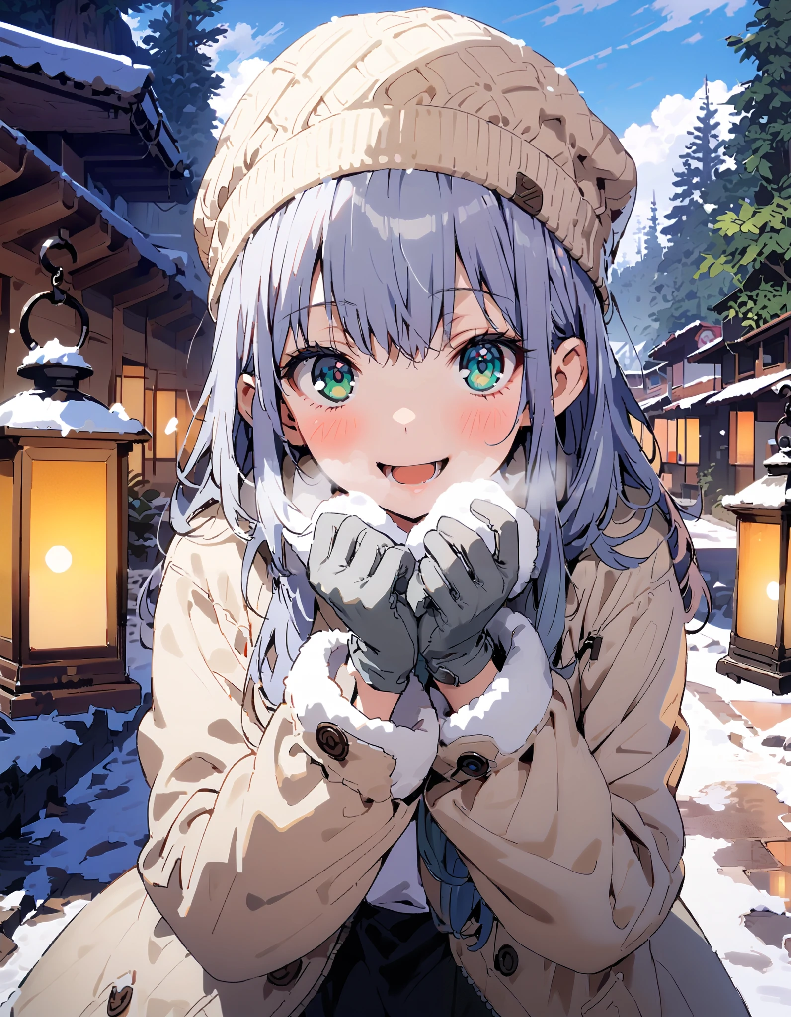 Prohibited bibliography, Green Eyes, Lantern, long hair,smile,blush, open your mouth, White Breath, White Down Coat ,White muffler, knitted hat ,grey gloves ,Black long skirt, boots,morning, standing,snow,whole bodyがイラストに入るように, break outdoors,forest,
break looking at viewer,whole body,
break ( Masterpiece:1.2), top quality , kampala,unity 8k wallpaper,(shape:0.8),( fine, beautiful eyes :1.6),It's a person ,whole body写真,CG Details , ( perfect hands, Complete Anatomy),