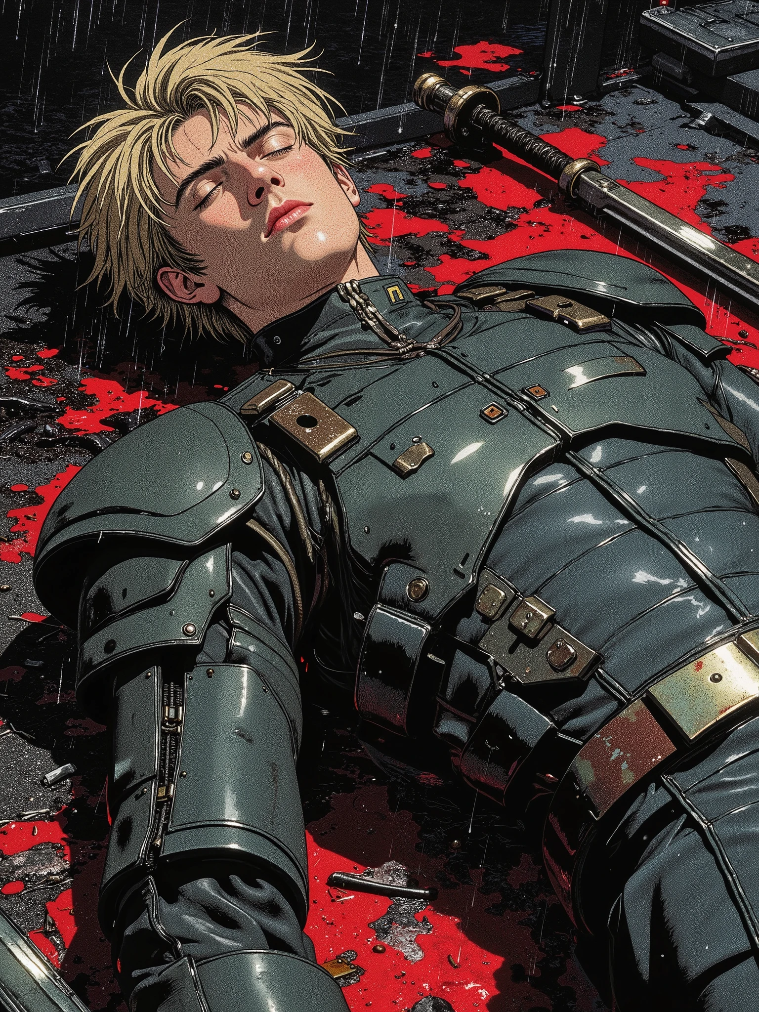 handsome guy, about twenty-five , with blond hair and eyes closed, in dark grey military uniform with high-tech elements of armor, with a sword, lying wounded,on black, wet ground, rain, dark tones , red paint underneath