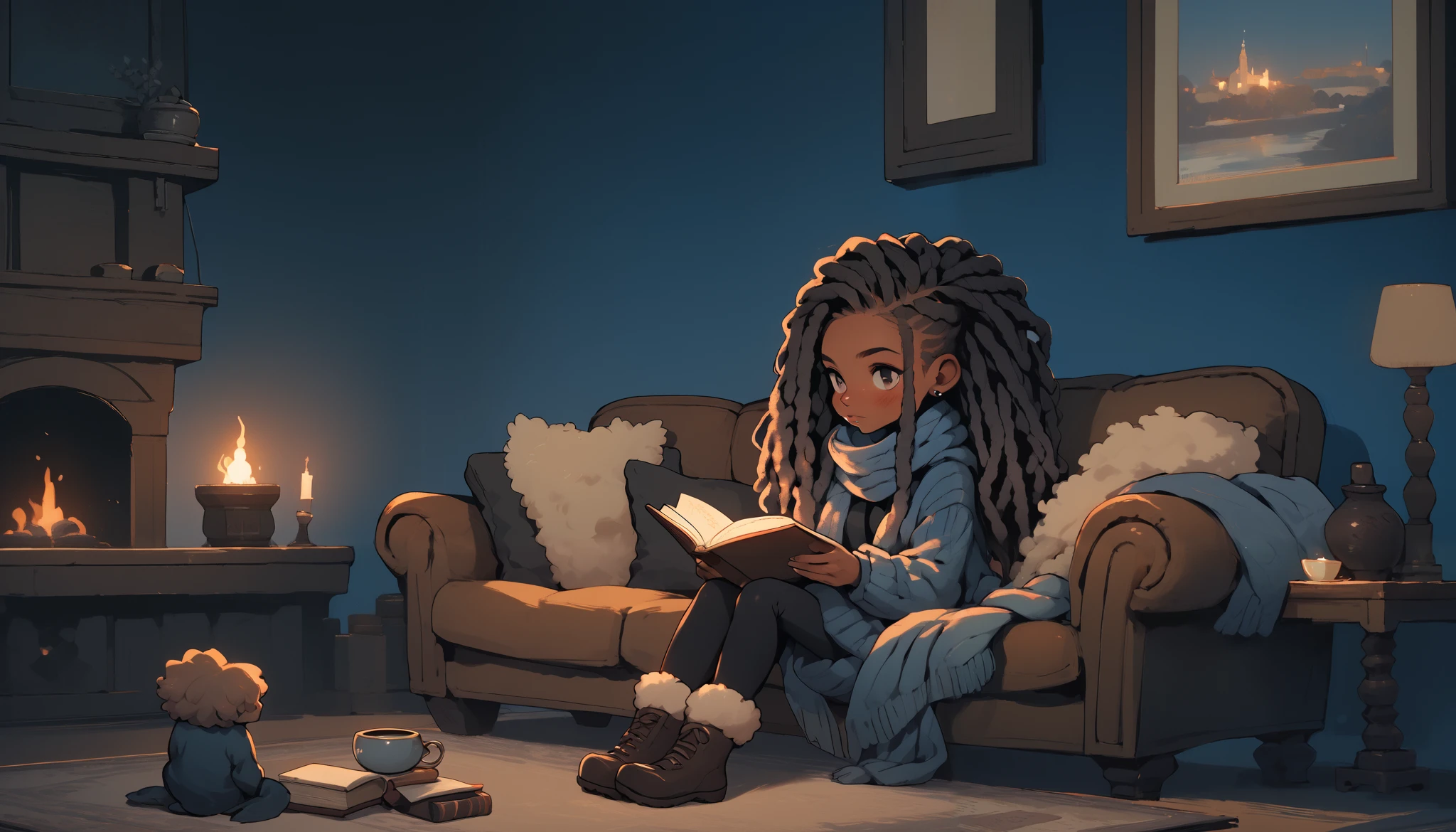 Illustrator, sexy, cleavage, 1 girl, portrait, intricate dreadlocks hair, simple background, lips, spark, chibi Blythe style, thick winter clothing, cozy scarf, oversized knit sweater, wool leggings, fluffy socks, realistic, in the villa, steamy, steam, sad, deep blue gradient background, (masterpiece, best quality), sitting on a sofa, reading a book, warm and cozy atmosphere.