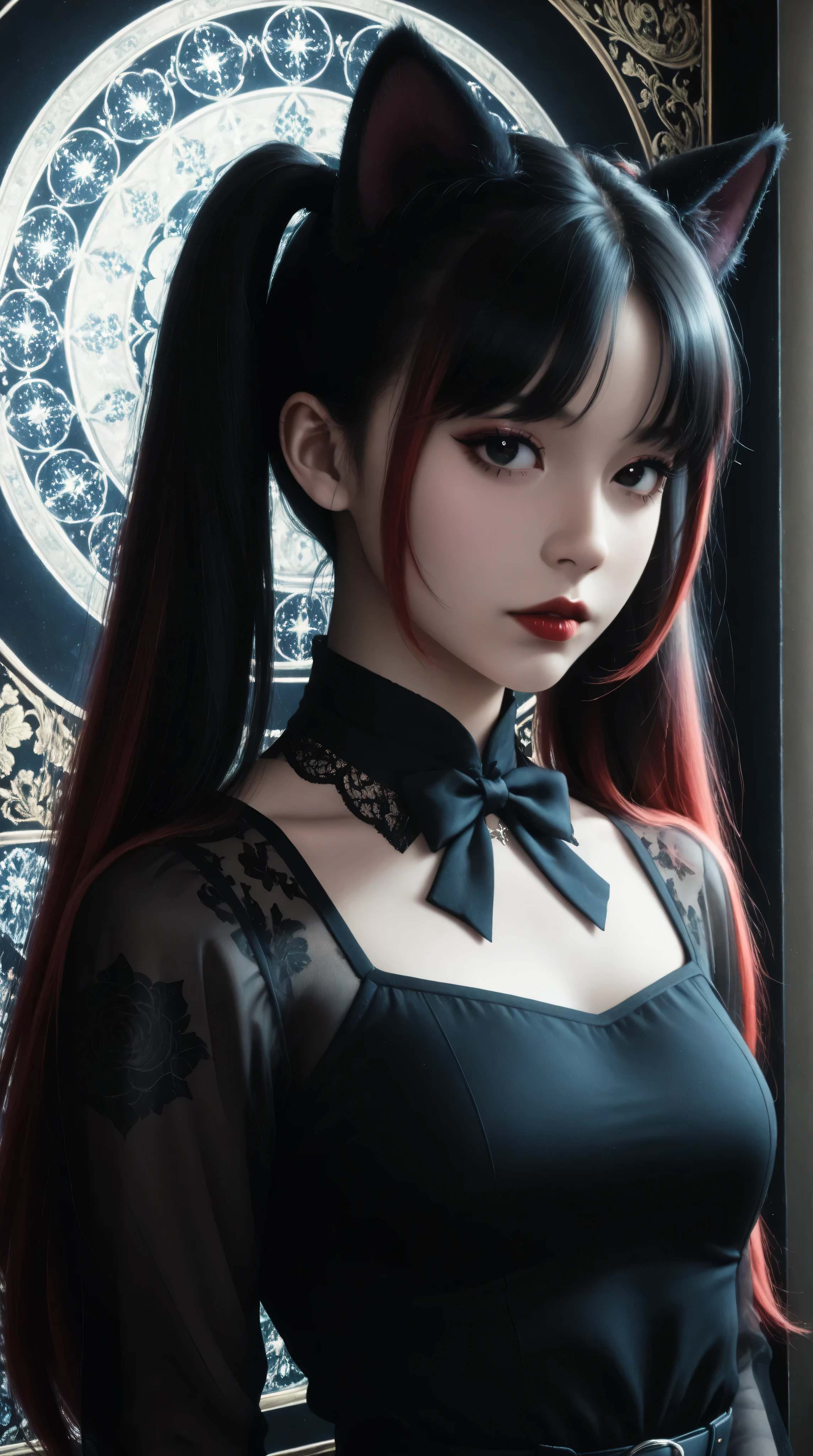 Masterpiece, Best quality, gif,1 porcelain ceramic girl, Solo, Natural skin texture, Realistic black eyes and facial details :5),(Dark :1. 4), Deep shadows, Extremely detailed beauty, Detailed eyes and face, sharp black eyes, Red lipstick, No black eyeliner, Detailed Gothic costumes, pony tails, Black hair, nikon d850 film, Surreal, Authentic textures, Dramatic, lighting, illusory engine, (facial clarity :1). 5), (Transparent clothes :1); 1) Gothic style, Black lace, tattoo. Japanese girl with more or less long black hair with bangs and red highlights, e sexy, Lady,Red hair,dress,beautiful,anime,tattoo, face portrait, close up, big beautiful detailed eyes, ulzzang, art nouveau, candy, sweets, tattoo background pattern, tapestry, backlit, neon palette, geisha, 3 dimensional against a traditional japanese tapestry, ,((long hair slightly wavy slightly past the shoulders, black bangs, small black pigtails on the sides, cute cat ears, beautiful thin red eyes,))
