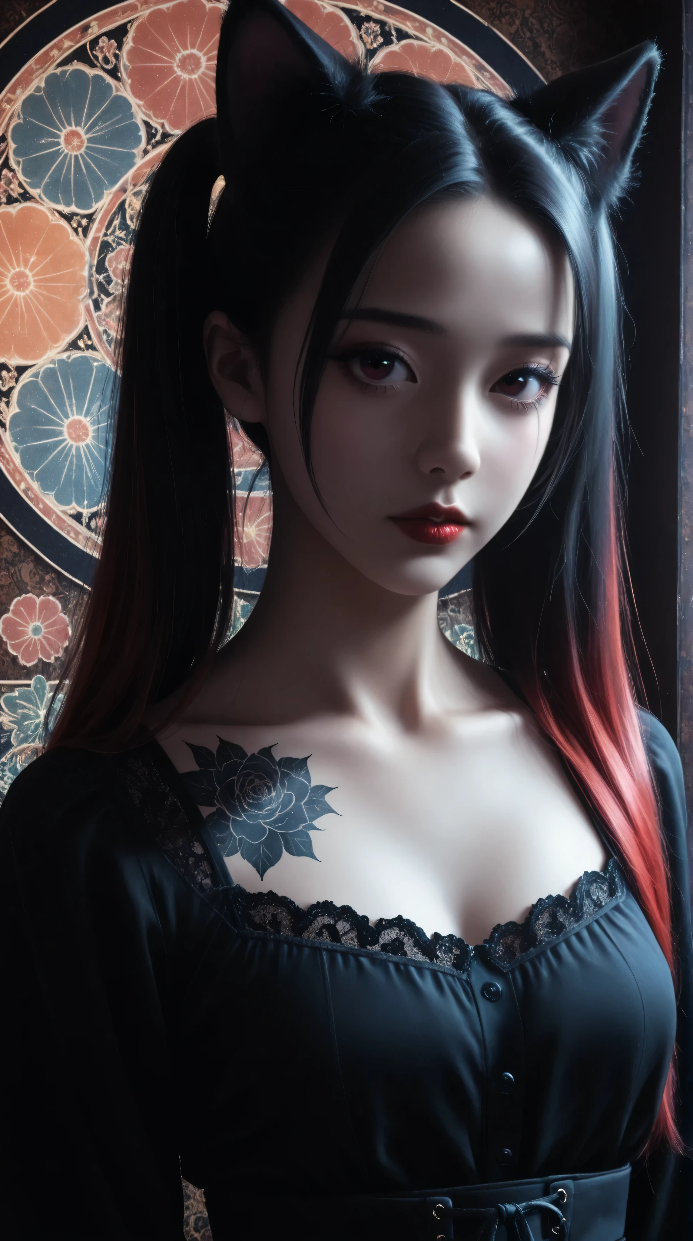 Masterpiece, Best quality, gif,1 porcelain ceramic girl, Solo, Natural skin texture, Realistic black eyes and facial details :5),(Dark :1. 4), Deep shadows, Extremely detailed beauty, Detailed eyes and face, sharp black eyes, Red lipstick, No black eyeliner, Detailed Gothic costumes, pony tails, Black hair, nikon d850 film, Surreal, Authentic textures, Dramatic, lighting, illusory engine, (facial clarity :1). 5), (Transparent clothes :1); 1) Gothic style, Black lace, tattoo. Japanese girl with more or less long black hair with bangs and red highlights, e sexy, Lady,Red hair,dress,beautiful,anime,tattoo, face portrait, close up, big beautiful detailed eyes, ulzzang, art nouveau, candy, sweets, tattoo background pattern, tapestry, backlit, neon palette, geisha, 3 dimensional against a traditional japanese tapestry, ,((long hair slightly wavy slightly past the shoulders, black bangs, small black pigtails on the sides, cute cat ears, beautiful thin red eyes,))