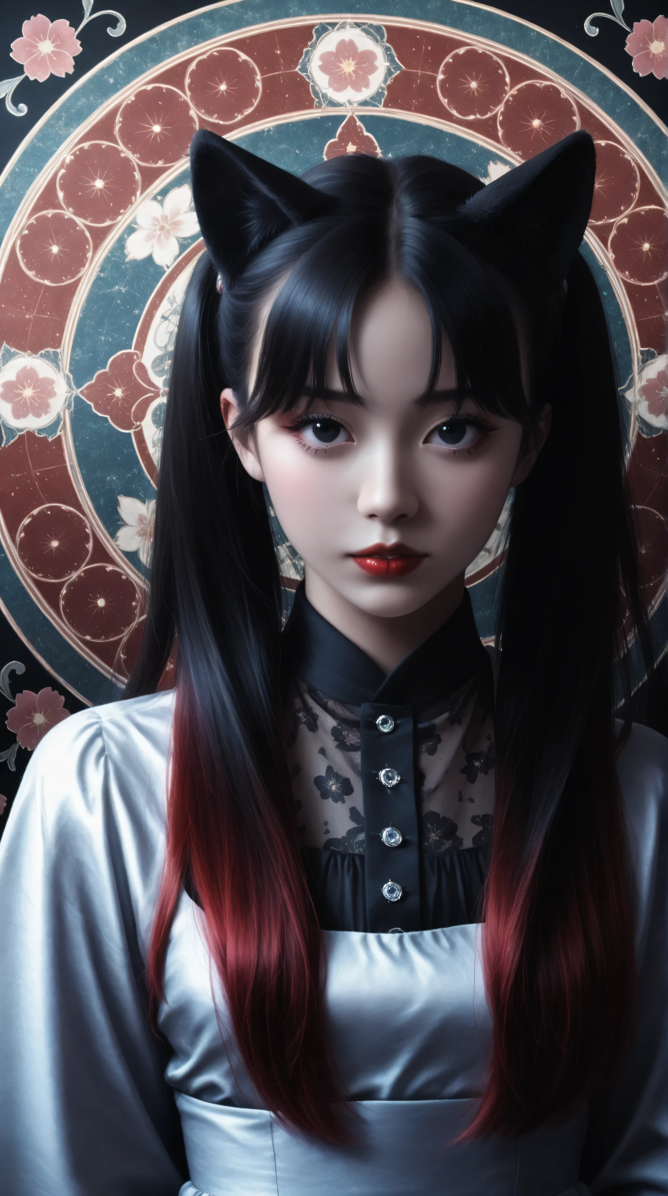 Masterpiece, Best quality, gif,1 porcelain ceramic girl, Solo, Natural skin texture, Realistic black eyes and facial details :5),(Dark :1. 4), Deep shadows, Extremely detailed beauty, Detailed eyes and face, sharp black eyes, Red lipstick, No black eyeliner, Detailed Gothic costumes, pony tails, Black hair, nikon d850 film, Surreal, Authentic textures, Dramatic, lighting, illusory engine, (facial clarity :1). 5), (Transparent clothes :1); 1) Gothic style, Black lace, tattoo. Japanese girl with more or less long black hair with bangs and red highlights, e sexy, Lady,Red hair,dress,beautiful,anime,tattoo, face portrait, close up, big beautiful detailed eyes, ulzzang, art nouveau, candy, sweets, tattoo background pattern, tapestry, backlit, neon palette, geisha, 3 dimensional against a traditional japanese tapestry, ,((long hair slightly wavy slightly past the shoulders, black bangs, small black pigtails on the sides, cute cat ears, beautiful thin red eyes,))