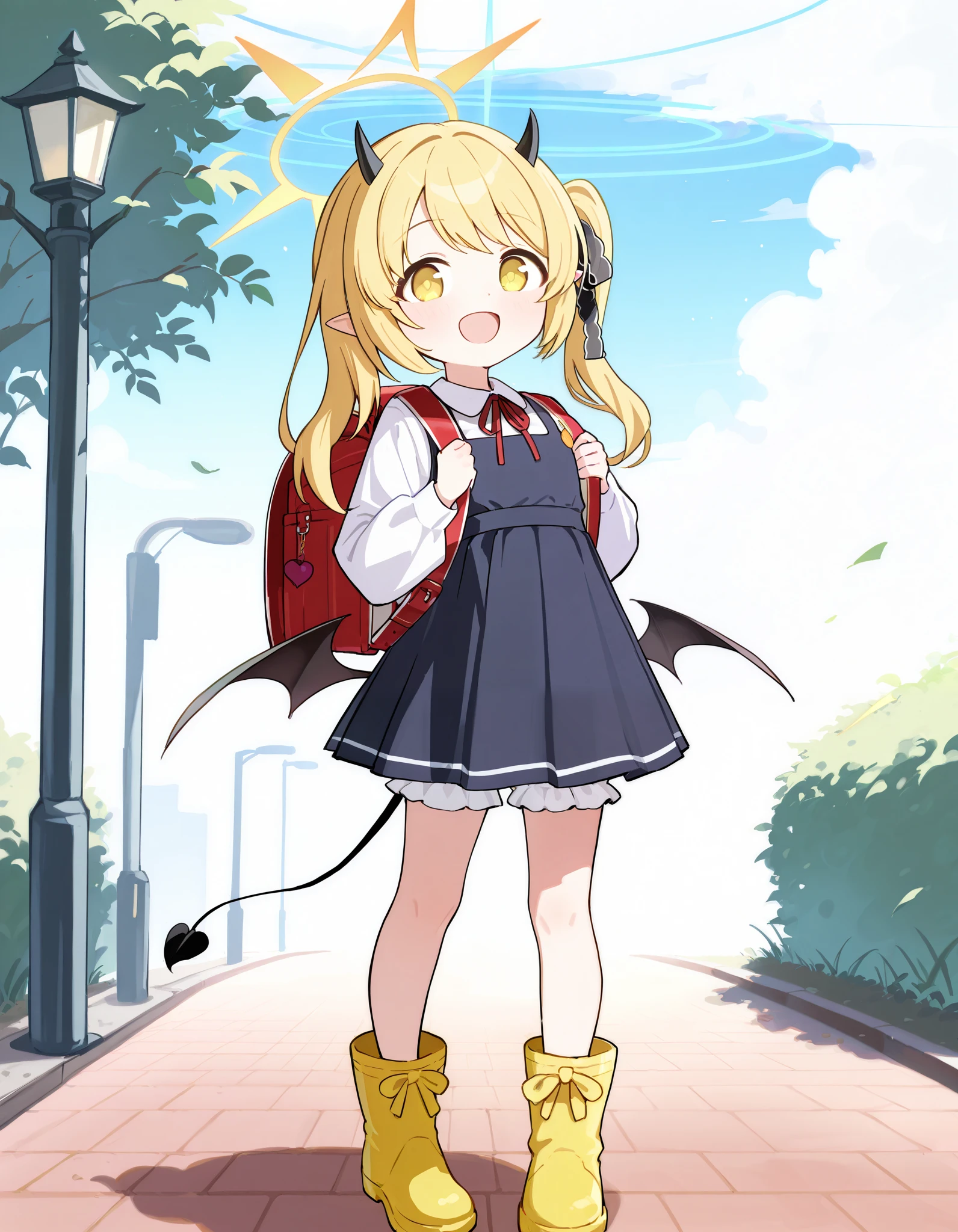 Hd, (littlegirl:1.2) (slender body) (thin body), tanga ibuki, ibuki \(blue archive\), blue archive, yellow eyes,blonde hair,side ponytail,halo,hair ribbon,pointy ears,tail,low wings, pinafore dress,white bloomer, yellow boots, happy and confident expression. full body, (ch1ldren playing), short girl, cute girl, (loli:1.2), (ch1ldren:1.2), long straight hair, thin legs, flat chest, flat breasts. (happy, smile, cheerful), Standing, outdoor, wearing randoseru backpack, red backpack