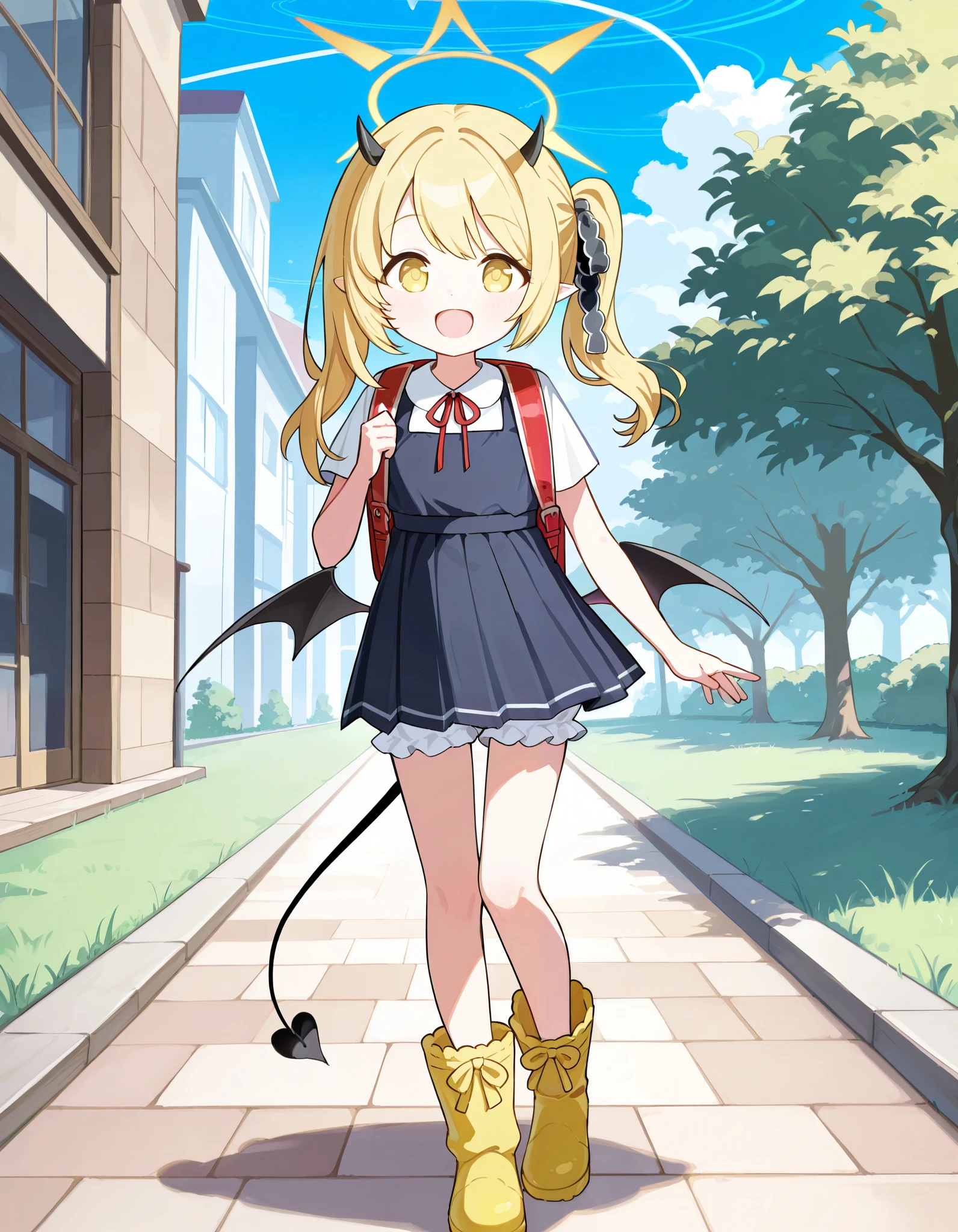 Hd, (littlegirl:1.2) (slender body) (thin body), tanga ibuki, ibuki \(blue archive\), blue archive, yellow eyes,blonde hair,side ponytail,halo,hair ribbon,pointy ears,tail,low wings, pinafore dress,white bloomer, yellow boots, happy and confident expression. full body, (ch1ldren playing), short girl, cute girl, (loli:1.2), (ch1ldren:1.2), long straight hair, thin legs, flat chest, flat breasts. (happy, smile, cheerful), Standing, outdoor, wearing randoseru backpack, red backpack