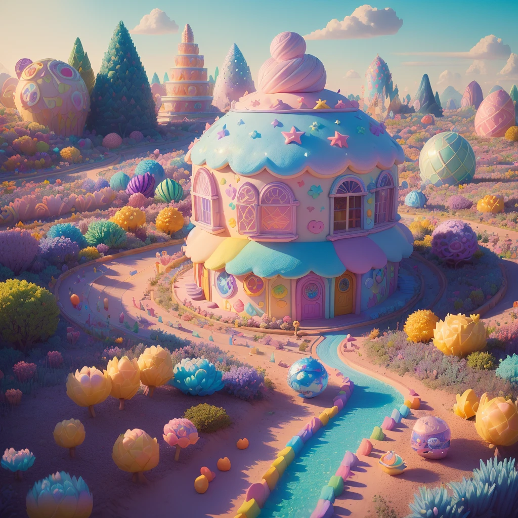 Best Details 、((( best composition、 top quality、 masterpiece、 Super Detail、 high definition、 pastel、Pixar、 Disney )))、 pastelパレット、star-shaped window、 absurd、 fantasy、 colorful、 cute、 a road with the image of a rainbow、A tree in the shape of a star 々、 a rounded building 、